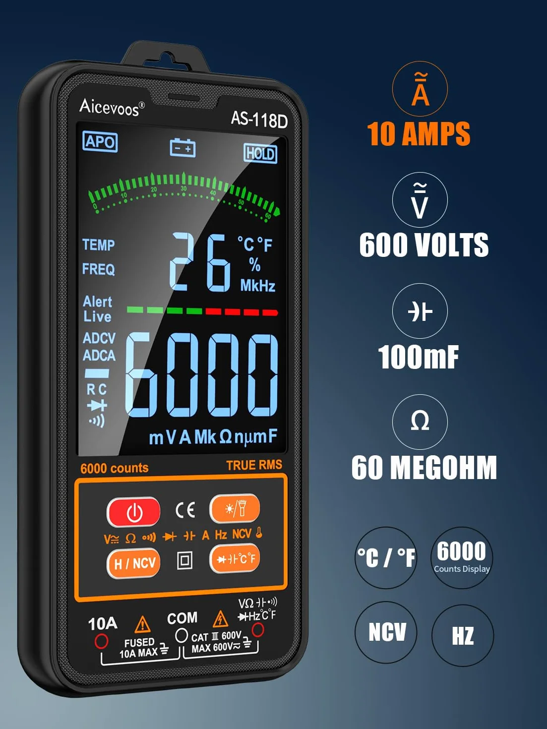 Multimetre Numerique intelligent TRMS AS-118D Voltmetre Ampèremètre Automatique Mesure Tension Courant Capacité Résistance