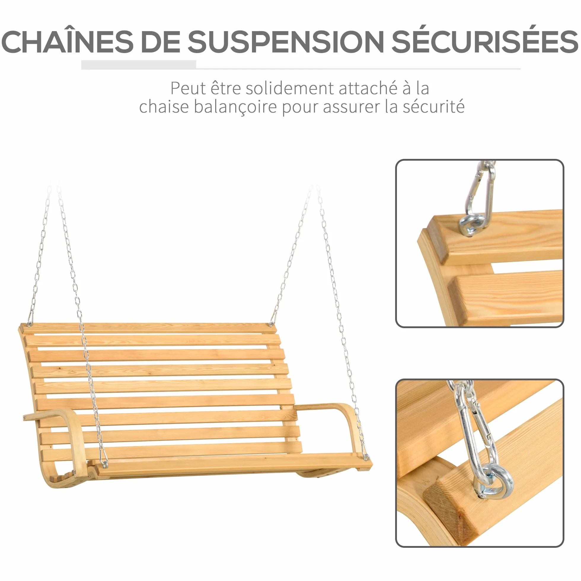 Outsunny Banc Suspendu 2 Places Balancelle de Jardin en Bois Naturel 141,5L x 51l x 78H cm