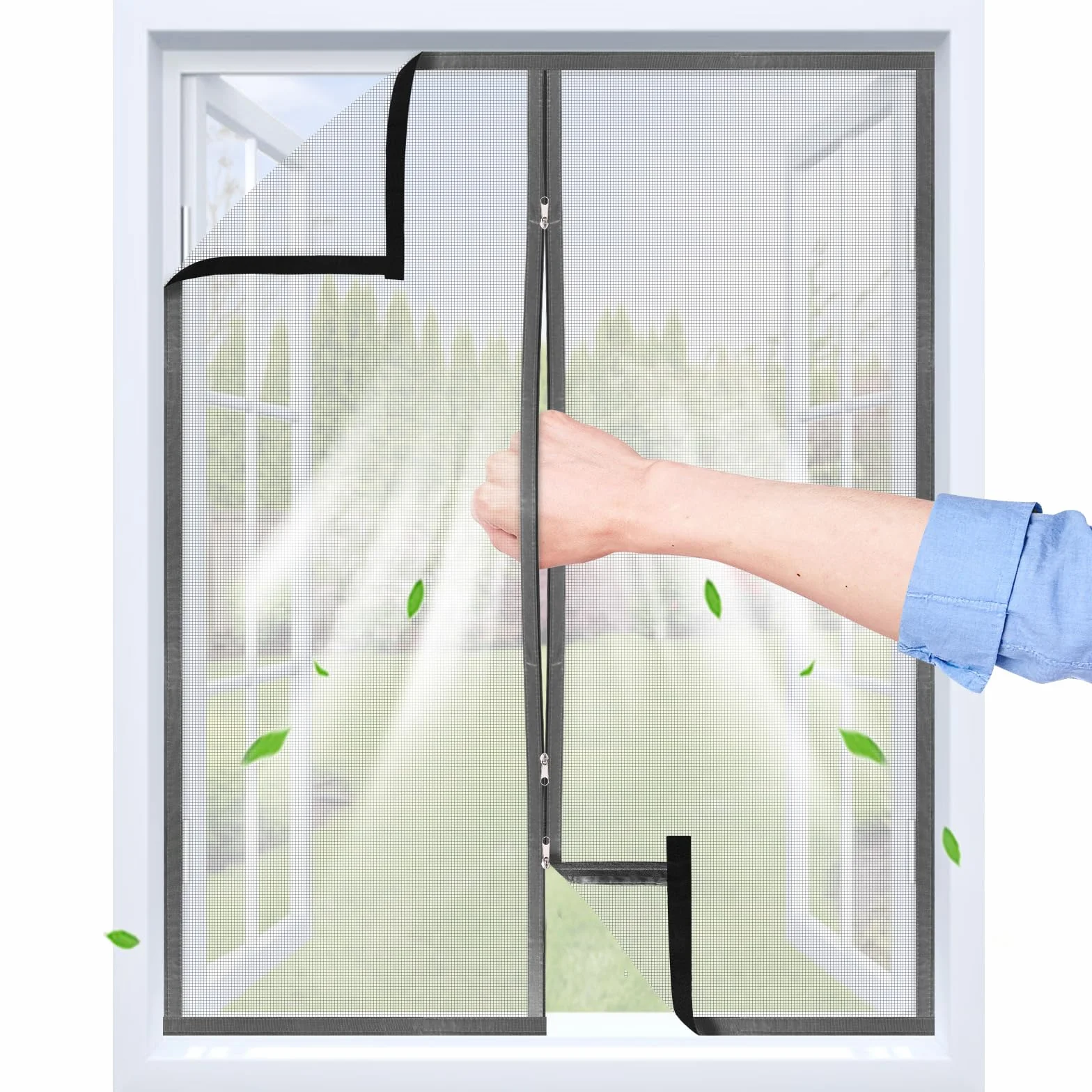 Moustiquaire Fenetre Adhésive avec Fermeture Éclair 110x120 cm Bande Auto-agrippante Transparent Tissu PP Respirant Réutilisable Lavable Gris Clair