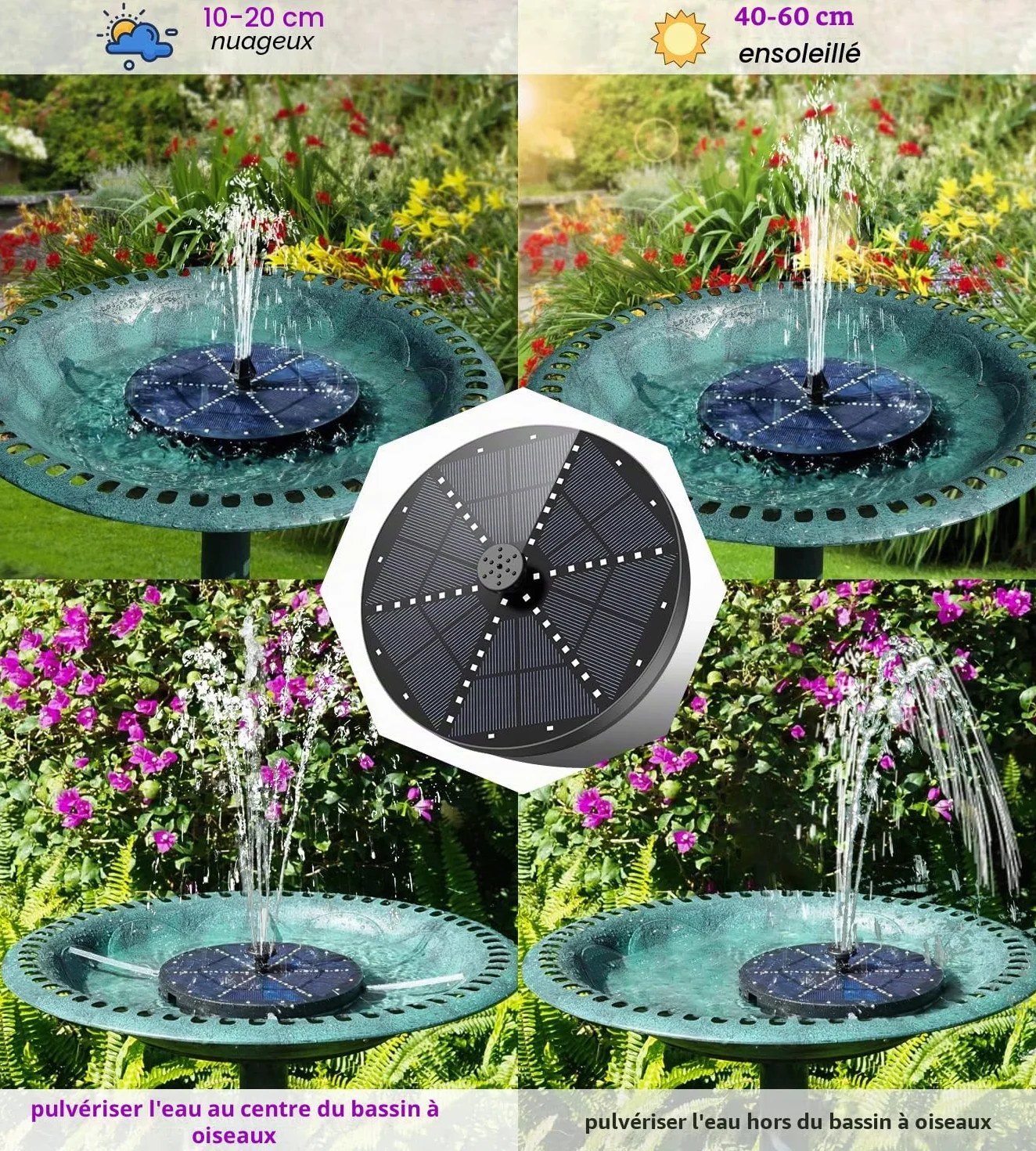 Fontaine Solaire 60 LEDs Colorée 2026 Upgraded Solaire Flottant Extérieur Pompe Bassin avec 8 Buses pour Bain d'oiseaux, Étang, Jardin