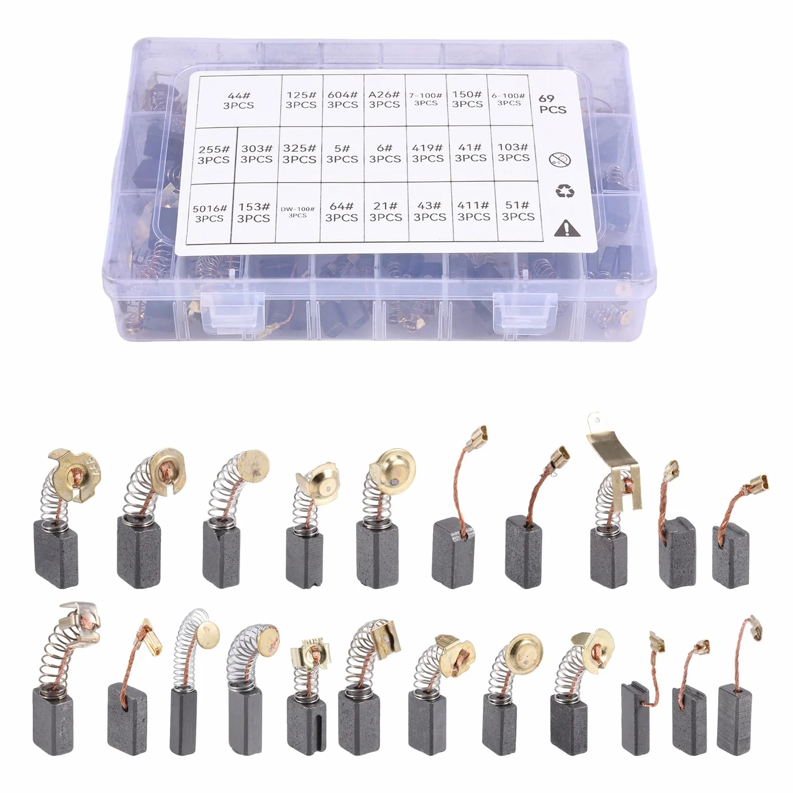 Balais de charbon 69 pièces 23 tailles pour outils électriques meuleuses d'angle marteaux