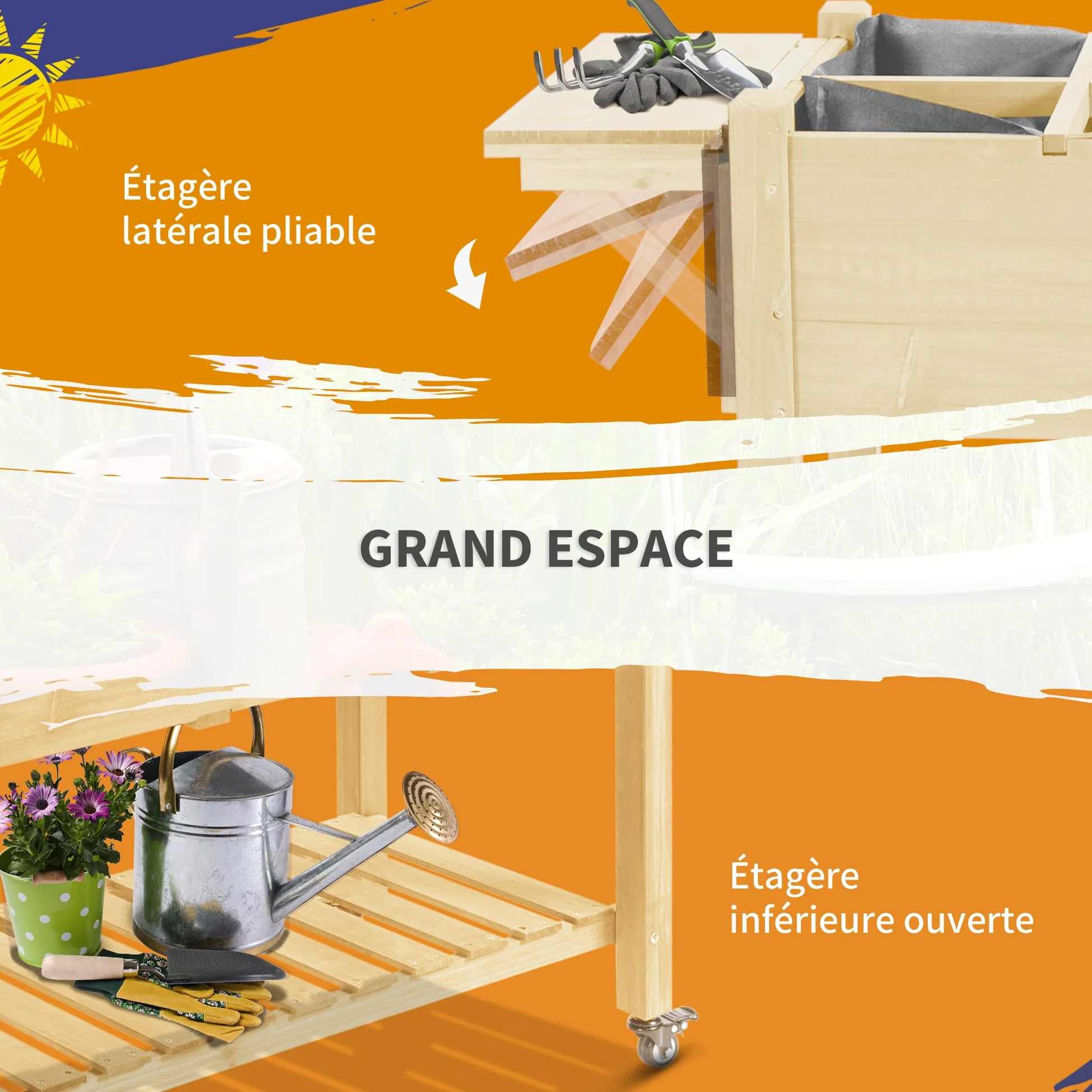 Outsunny Jardinière sur Pied - Potager sur roulettes - étagère, Tablette Rabattable, Inserts d'irrigation, Feutre de Drainage Inclus - Bois Sapin pré-huilé dim. 123L x 54l x 87H cm