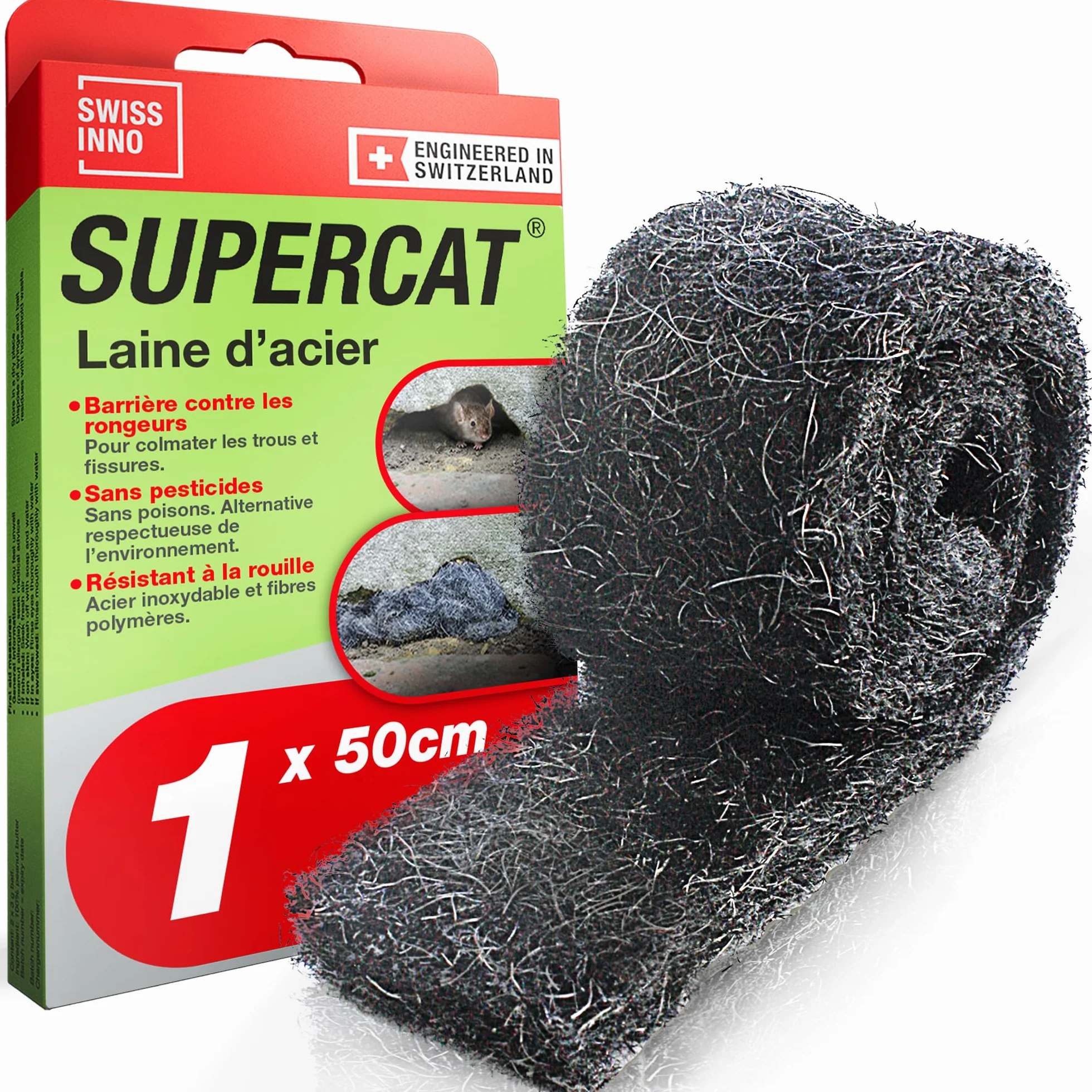 SWISSINNO Laine d’Acier Anti-rongeurs Anti-Intrusion – Maillage/Grillage INOX Durable -Grille Anti-Rat, Anti-Souris- pour Boucher Trous – Contre Souris, Rats, fouines & Insectes – 1×50 cm