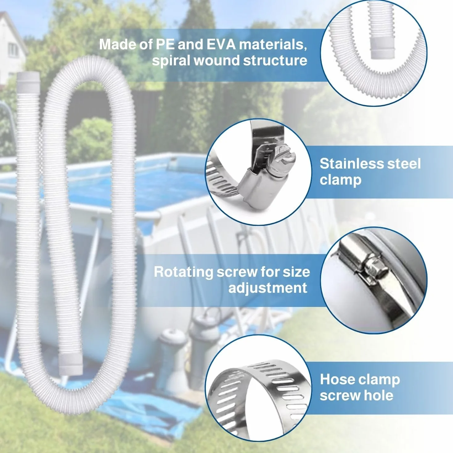 Tuyau Piscine 32mm – 2x Tuyau Flexible avec 4 Clips de Sécurité et 1 Raccord Universel – Compatible avec Toutes les Pompes de Filtration – Installation Facile – Pour Piscines, Spas, Aquariums