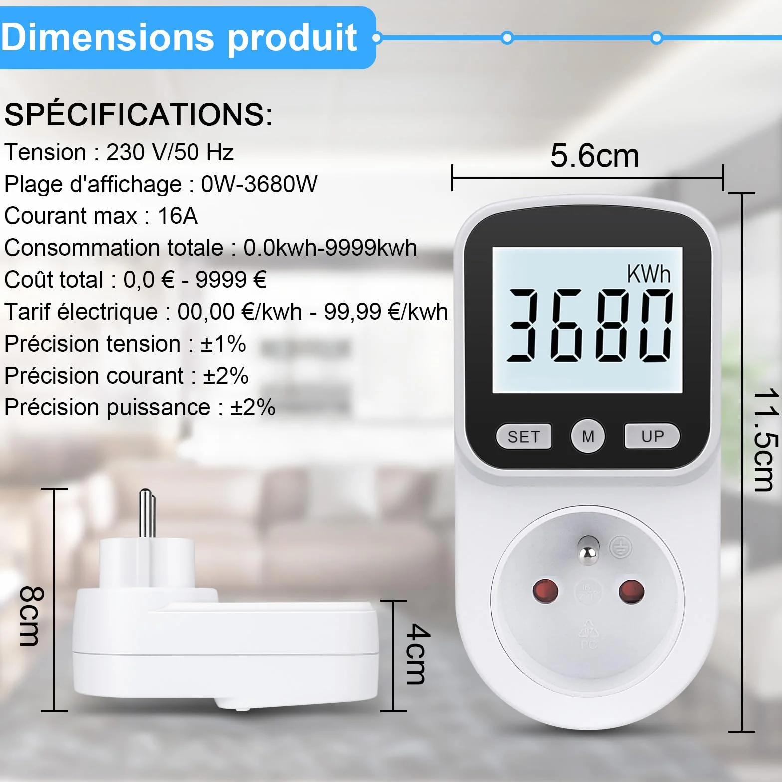 Wattmètre Prise Consommation Electrique, Compteur d'Énergie LCD 3680W Protection Surcharge