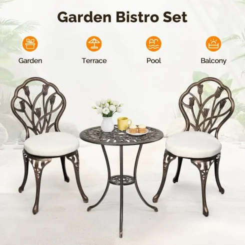 Bonnlo Ensemble Salon de Jardin 3 pièces en Aluminium avec Motif de Tulipes, Bronze