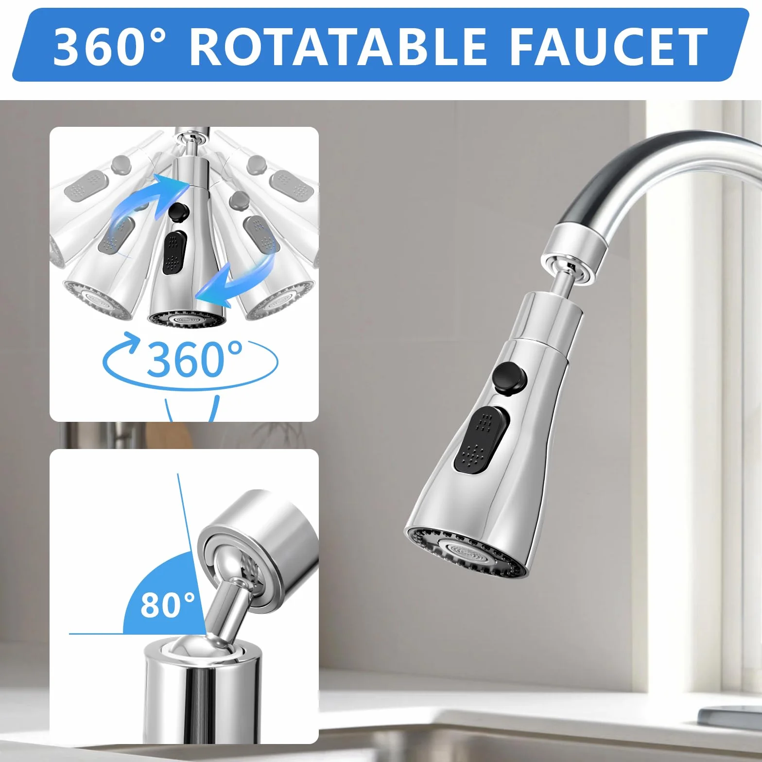 Douchette Evier Cuisine 360 Degres, 3 Modes Mousseur Robinet Economie Eau, Adaptateur Universel Orientable