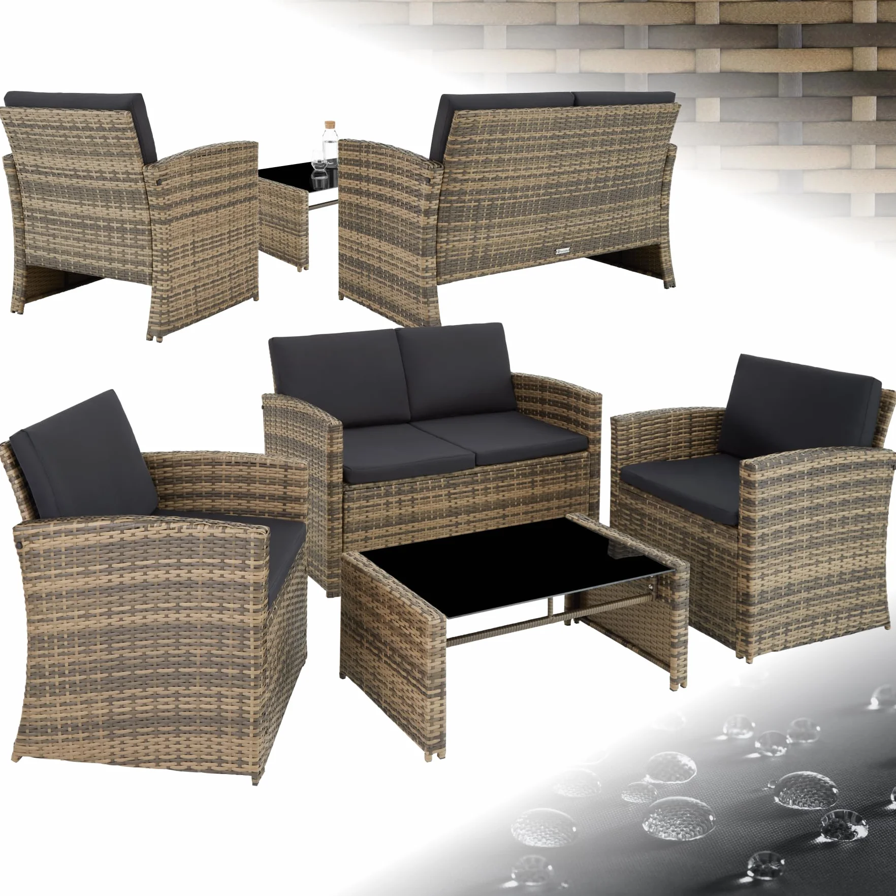 Tectake Salon de Jardin Résine tressée 4 Places Table Canapé 2 Fauteuils Coussins Inclus Marron Naturel Gris foncé