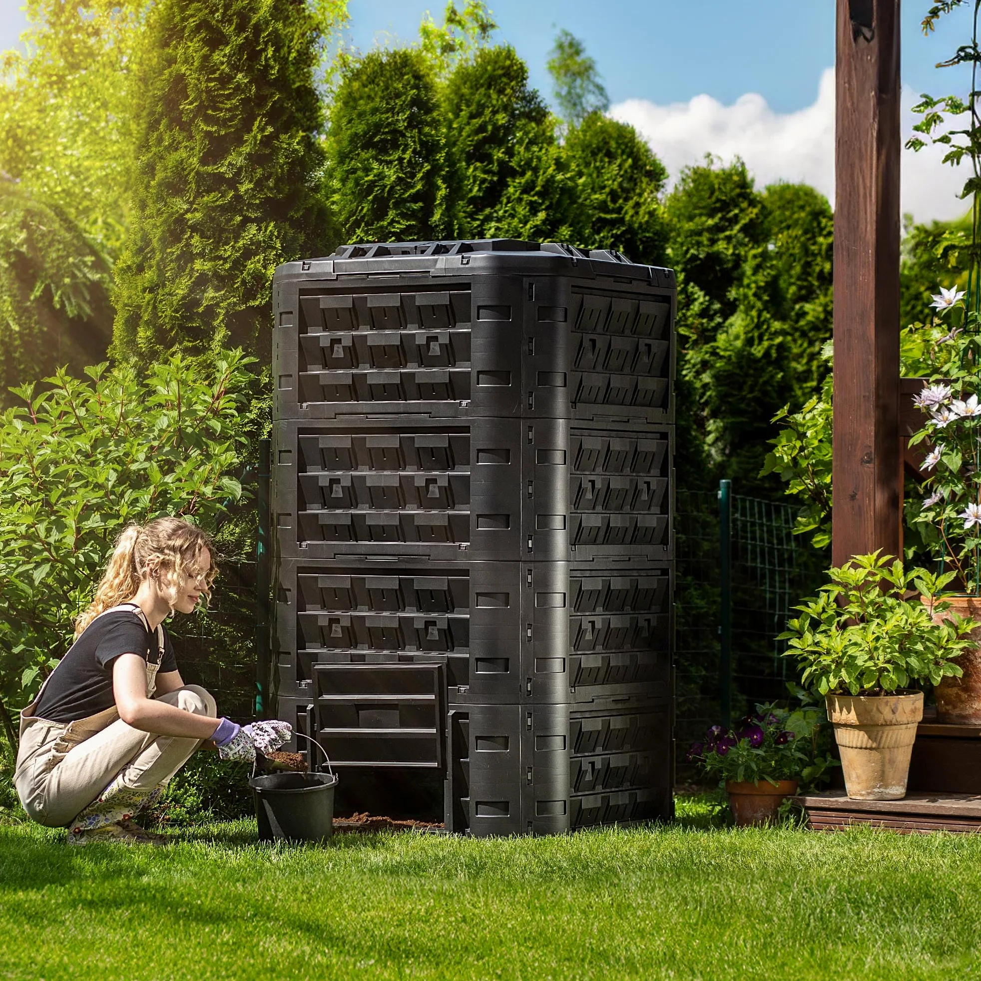 KADAX Composteur modulaire pour déchets de jardin, poubelle à compost avec ventilation et irrigation, 1250 L (noir)