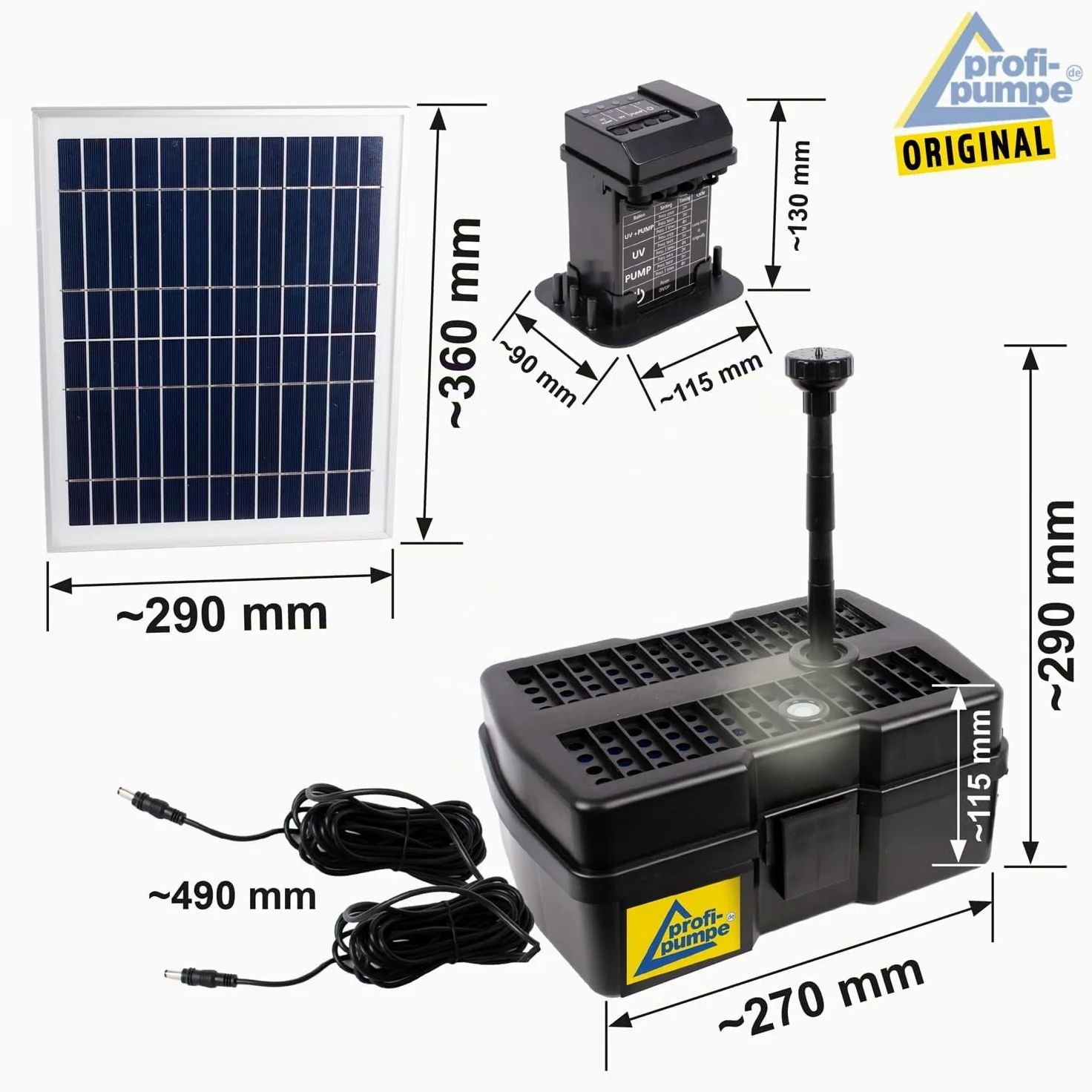 AMUR Fontaine de Bassin Solaire - Kit avec Filtre UV Anti-Algue et Minuterie et Panneau Solaire Stable (Aqua-Vital 12-UV-C)