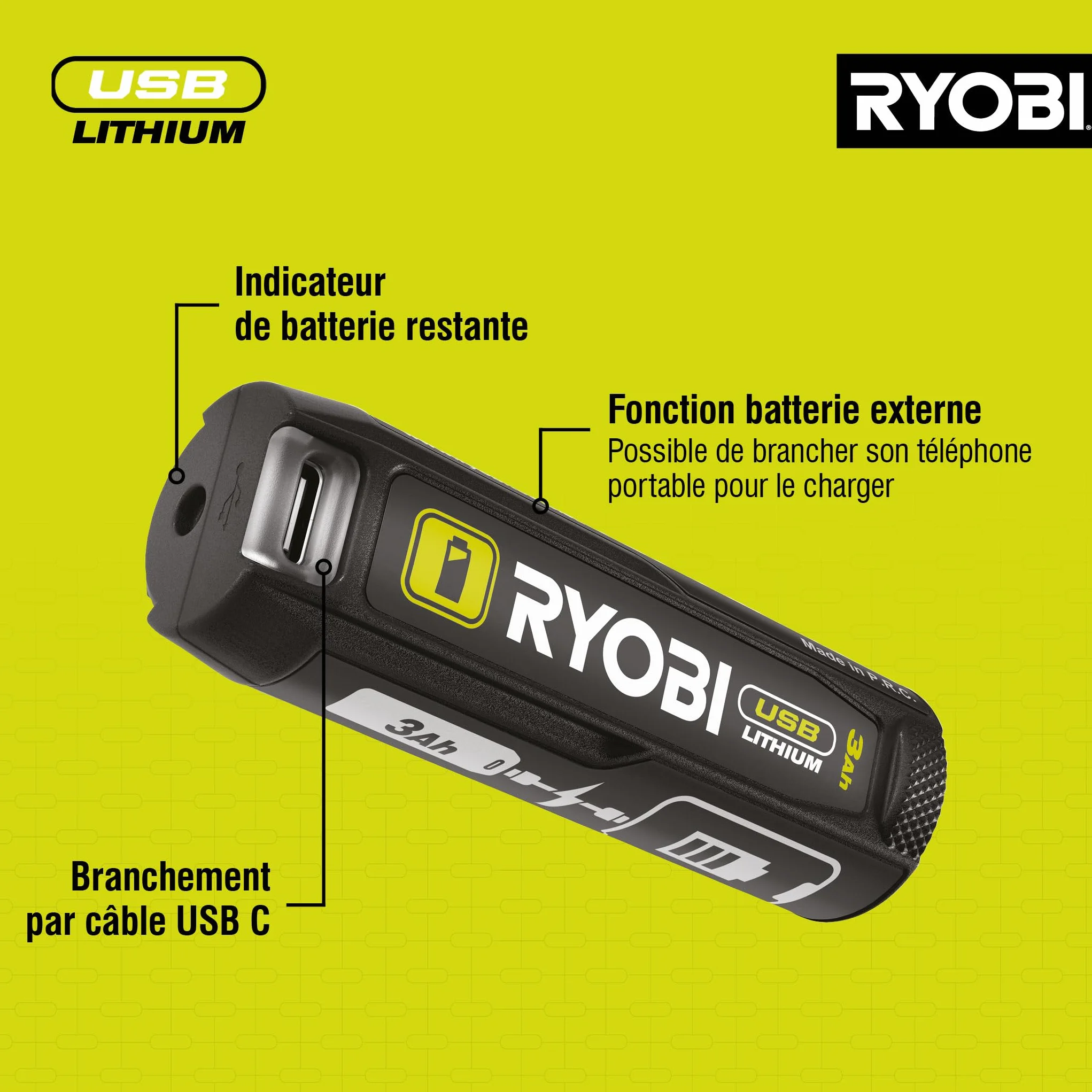 RYOBI RB4L30 Batterie 4V 3,0Ah USB Lithium Haute Capacité Fonction Powerbank USB-C