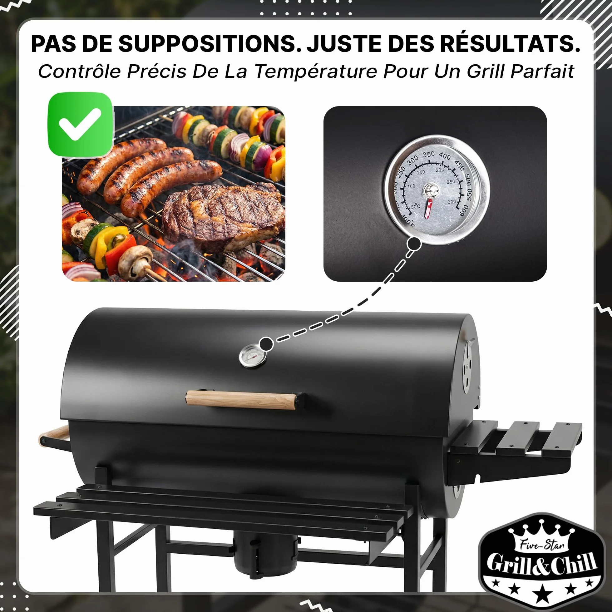 Five-Star Grill & Chill Barbecue charbon de bois - barbecue de jardin, barbecue charbon grande grille chromée 71×35 cm, couvercle, cendrier, thermomètre, deux roues de transport, BBQ, GC0002