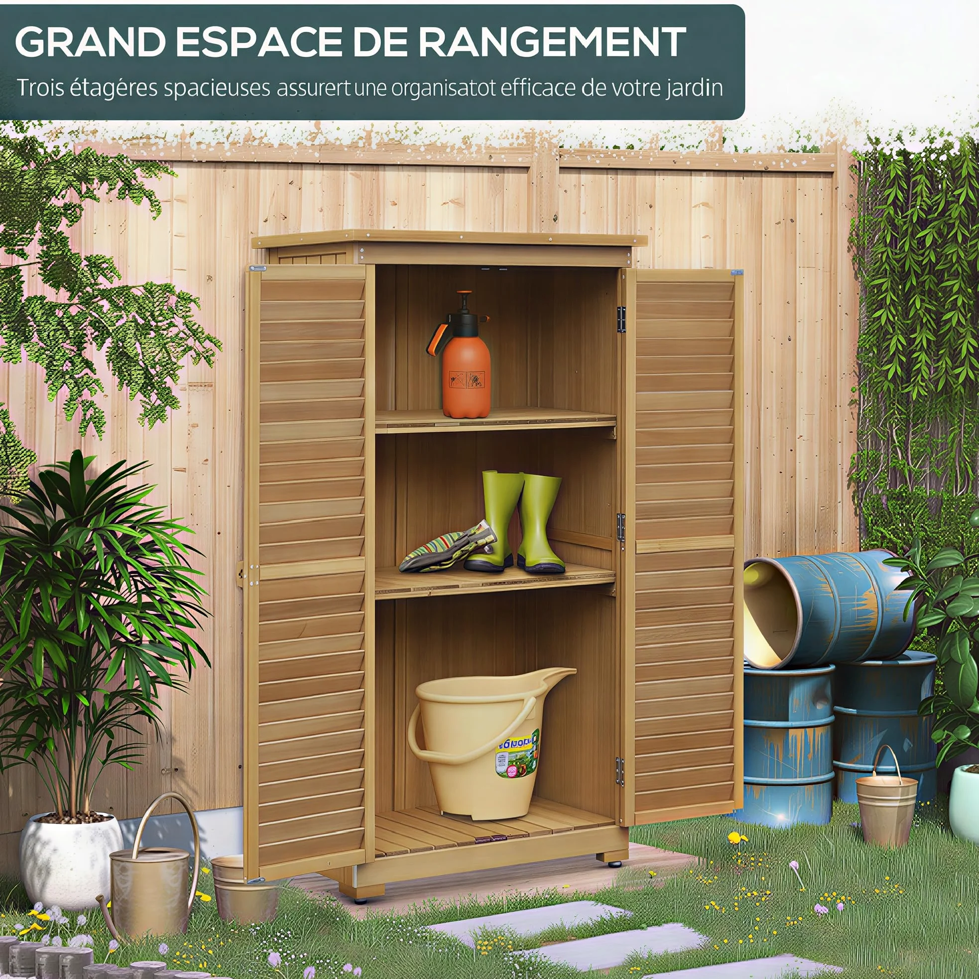 Outsunny Abri de Jardin abri à Outils sur Pied en Bois 2 étagères Portes à Volets Toit en Bitume incliné 87 x 47 x 160 cm Naturel