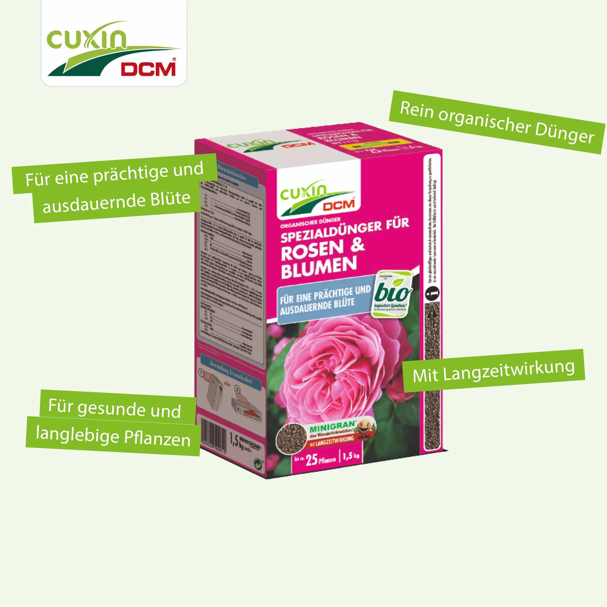 Cuxin Engrais bio Rose avec 3 mois Effet | également pour les fleurs et Clematis | Pure Nature Engrais organique |1,5kg | NPK 7–10