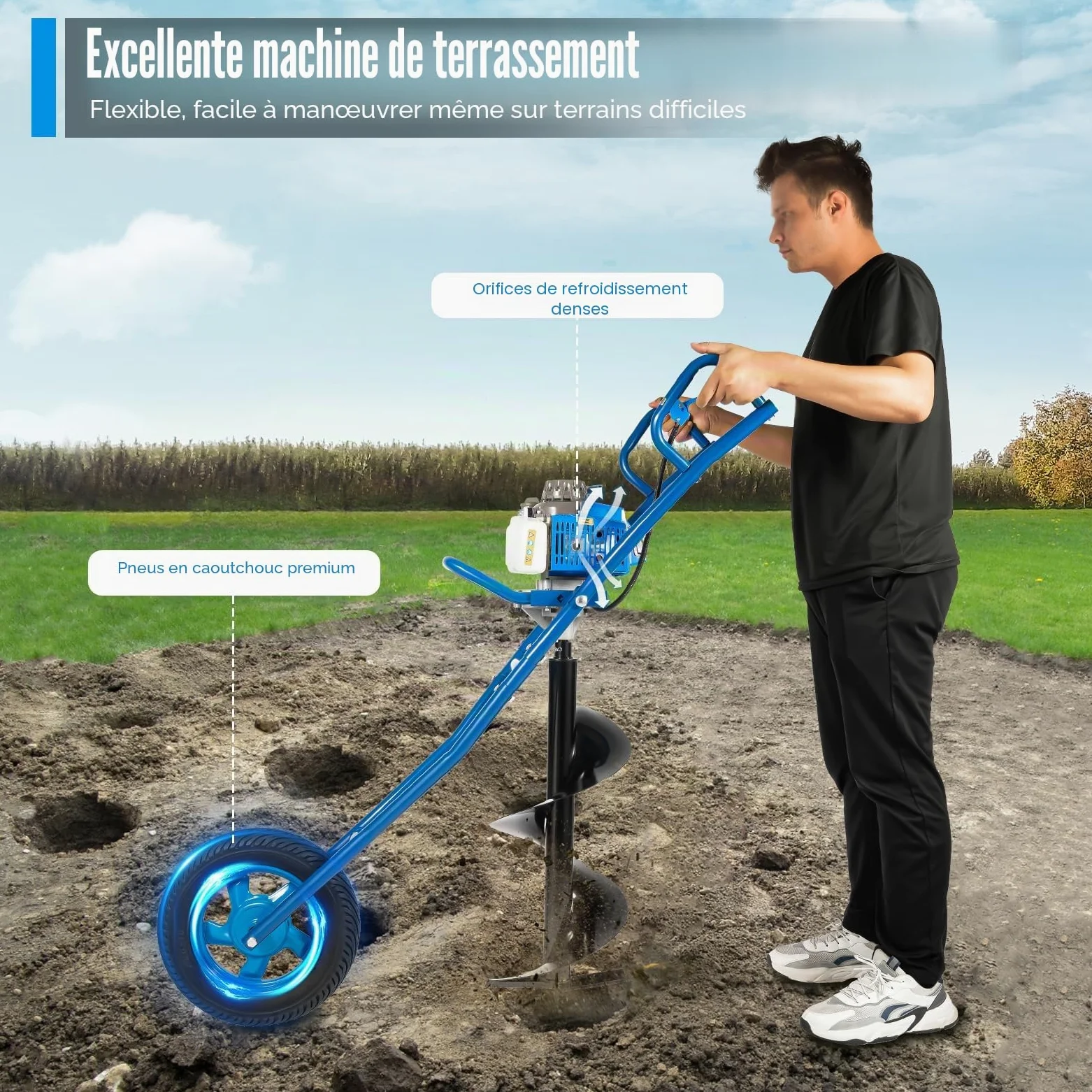 Tarière à essence 63 CC 2 temps 3 CV 11" Tarière brouette Tarière pour ferme, jardin, tarière, agriculture, sylviculture