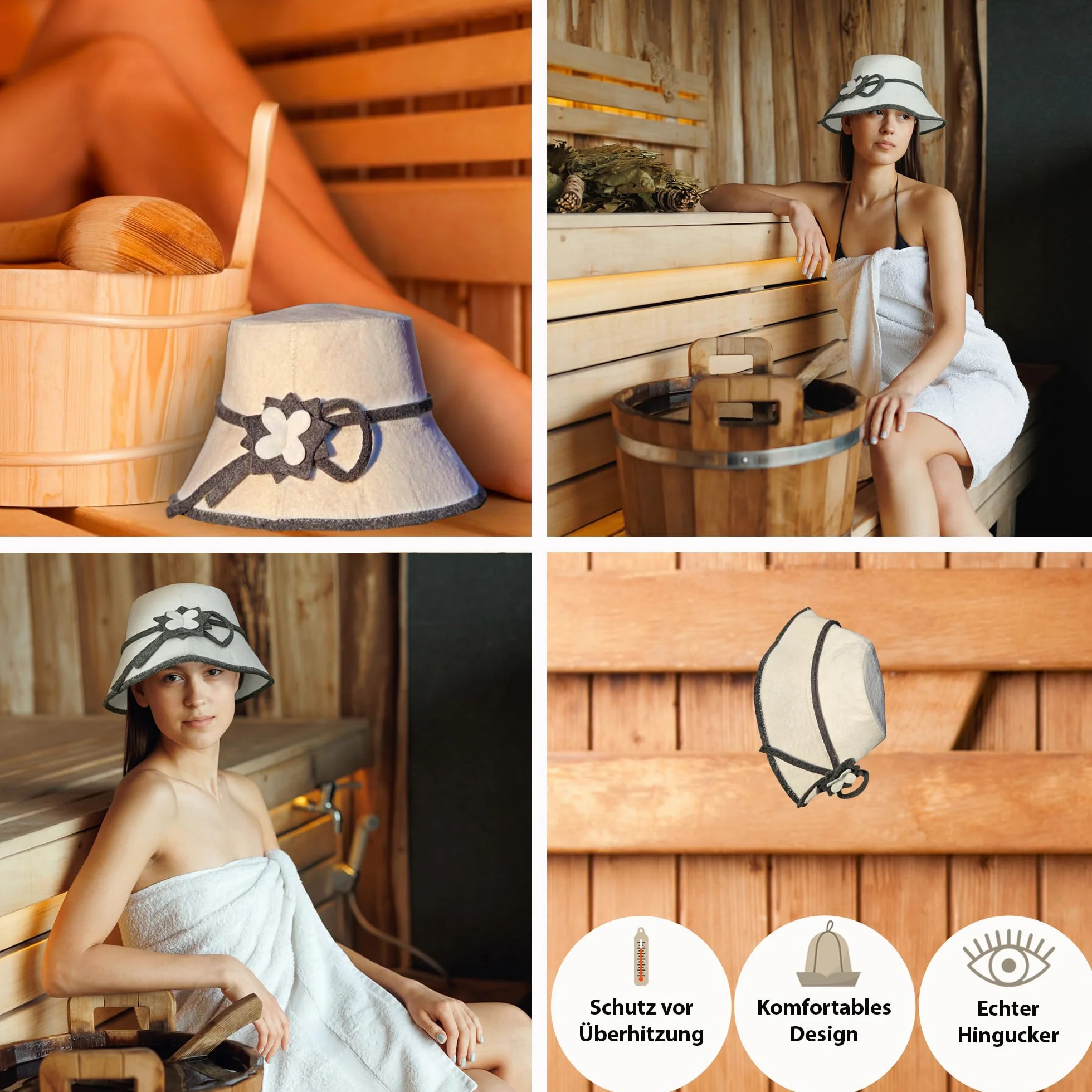 Chapeau de Sauna pour Femme en Feutre de Laine 100% avec Broderie Florale Blanc/Gris