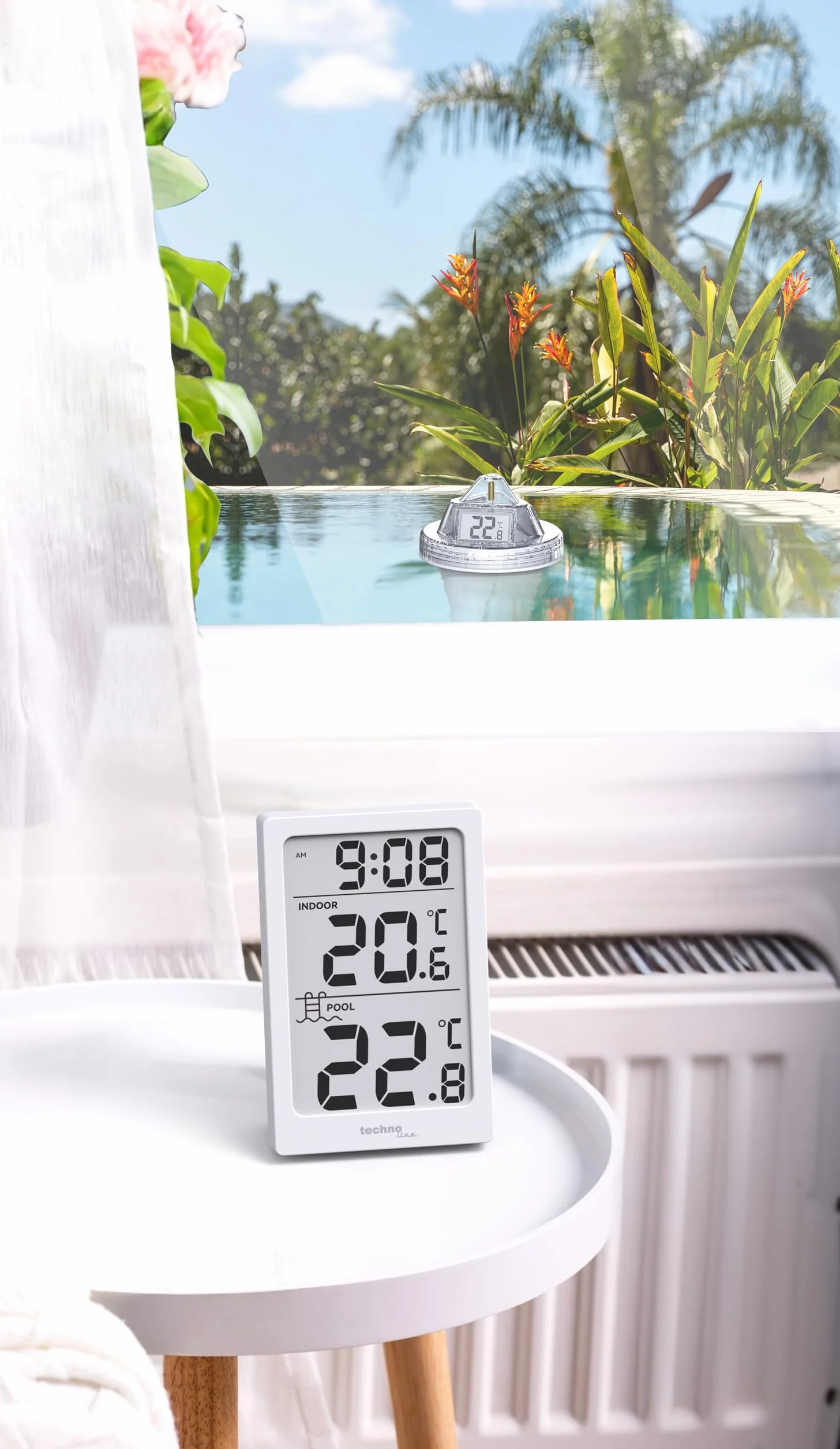 Technoline Thermomètre de piscine radio numérique WS9079 avec station, mesure température eau et intérieure