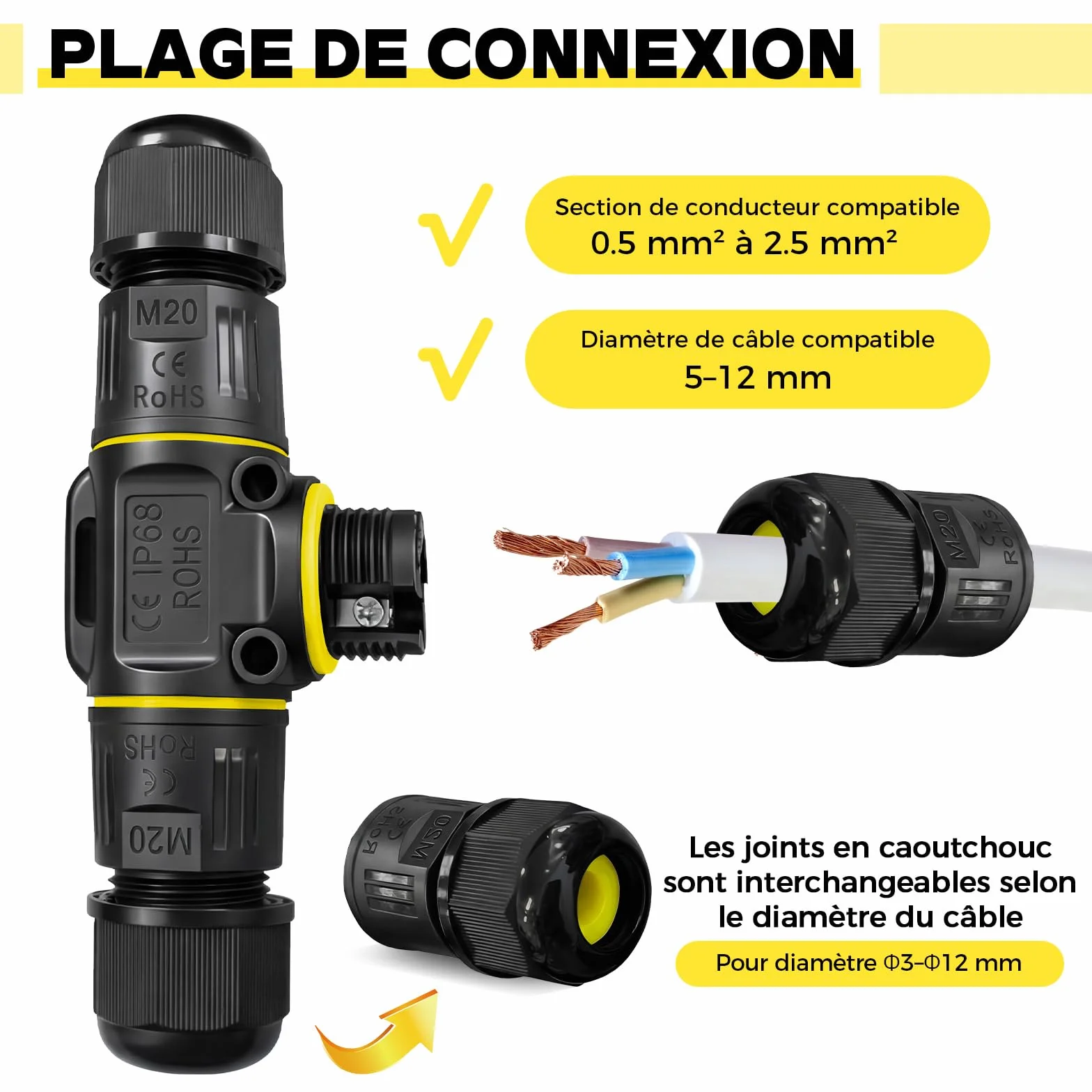 Connecteurs de câble étanches 3 broches IP68 Lot de 4 - Manchon de connexion diamètre 5-12 mm - Boîte de jonction en saillie