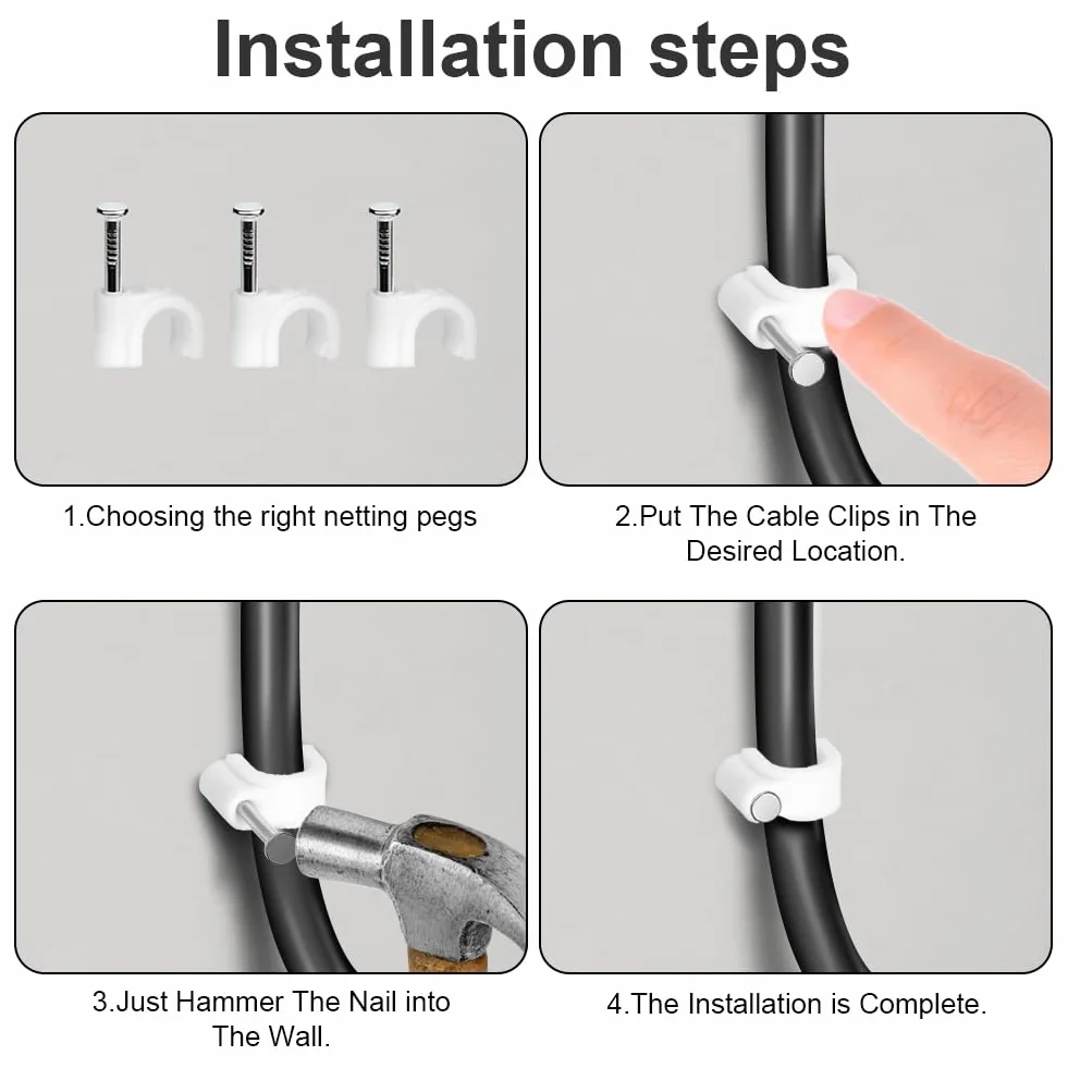 Cavalier Cable Electrique Clip Fixation Attache Cable Mural Ronde Avec Clou en Acier 4-10mm 600pcs