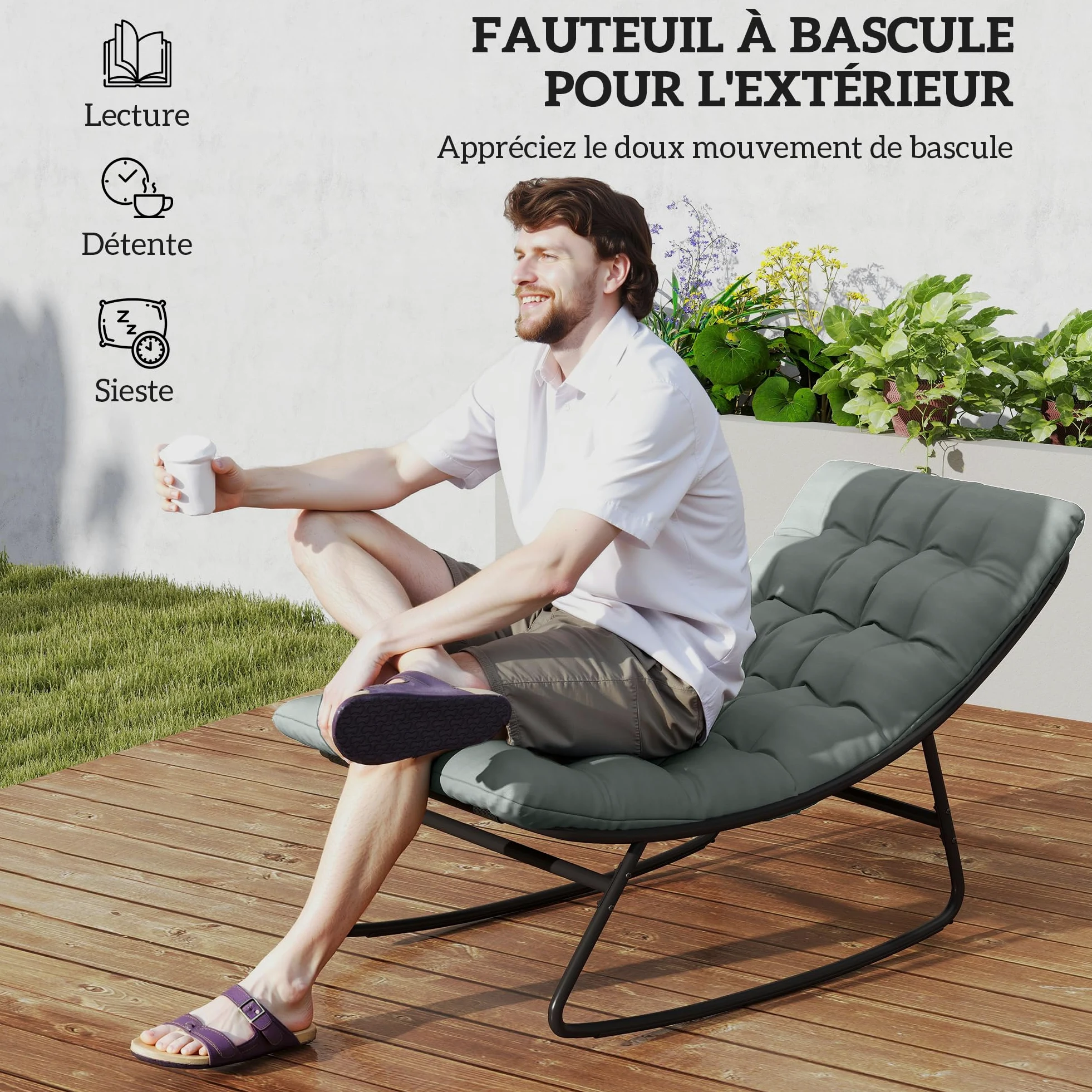 Outsunny Lot de 2 fauteuils à Bascule extérieur, chaises à Bascule avec Coussins épais, siège Tissu textilène Respirant et Cadre en Acier, Rocking Chair extérieur, Jardin, terrasse, Patio, Gris foncé