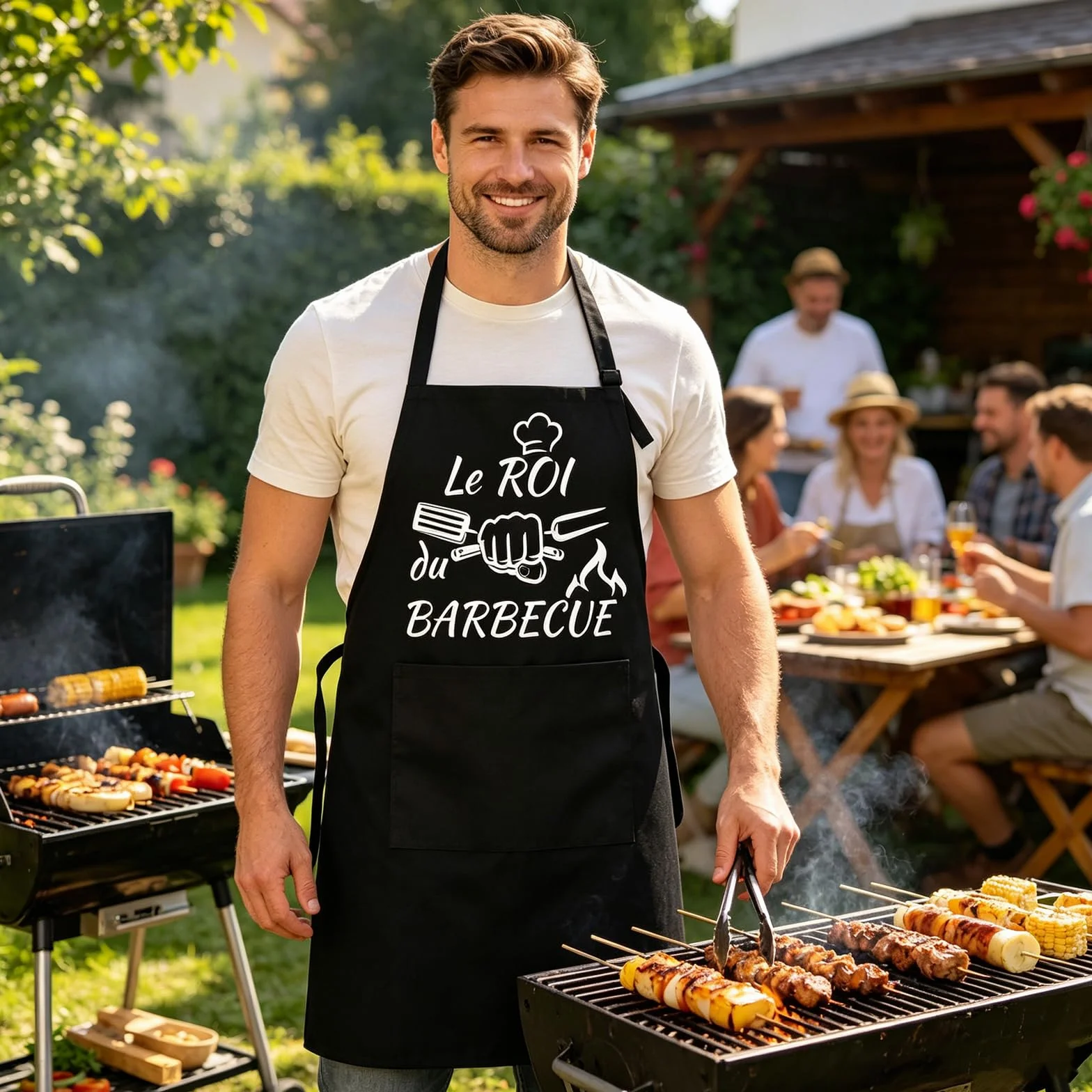 Tablier Cuisine Homme Femme - Tablier Barbecue Humour Réglable Noir Étanche avec Poche, Cadeau Anniversaire Homme Femme, Cadeau Rigolo pour Cuisson en Plein Air, Idéal pour Papa, Maman, Frère et Sœur