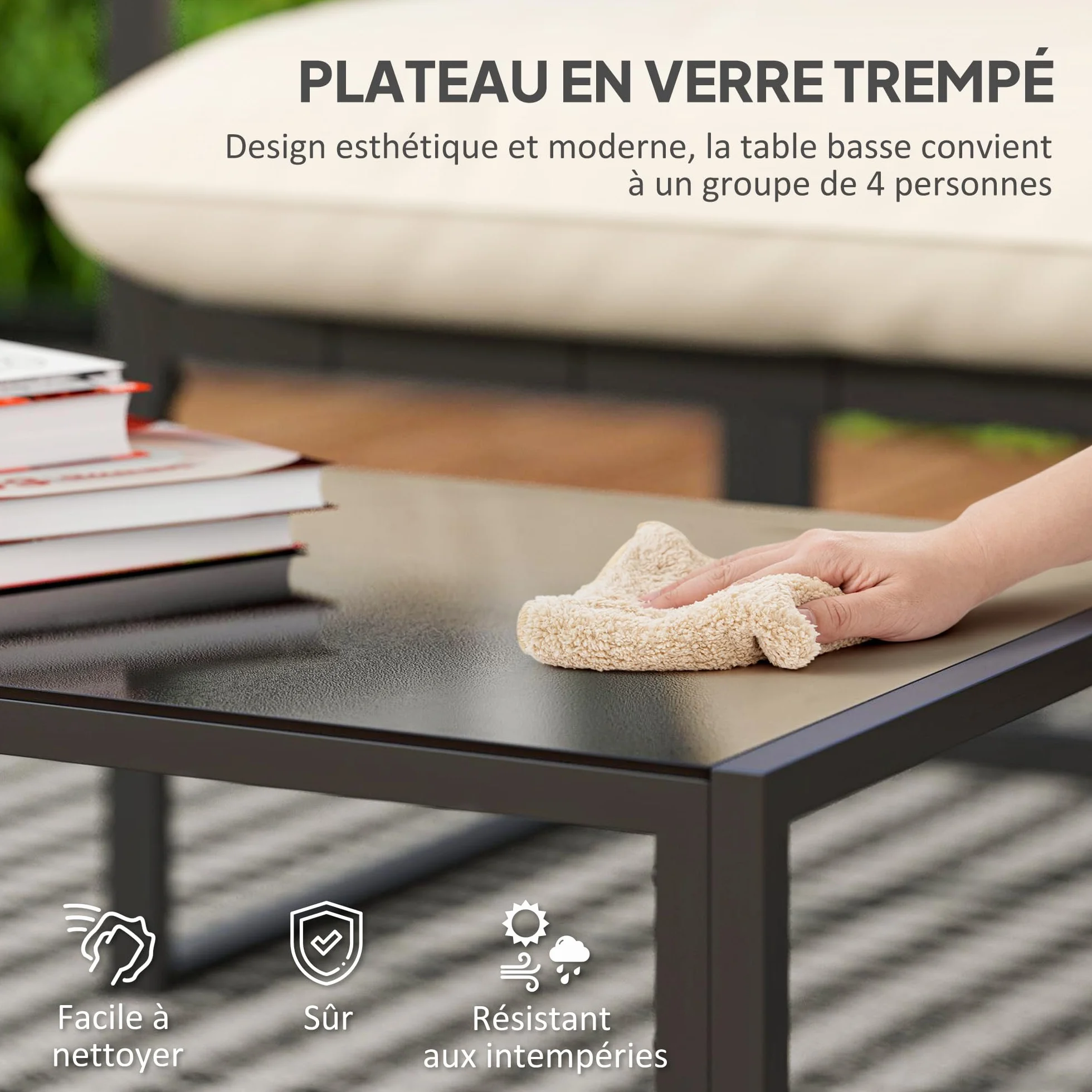 Outsunny Salon de Jardin 4 pièces Coussins Ultra-épais 15cm Ensemble mobilier Bas pour terrasse Canapé 2 Places Table Basse 2 Fauteuils Cadre Acier Noir