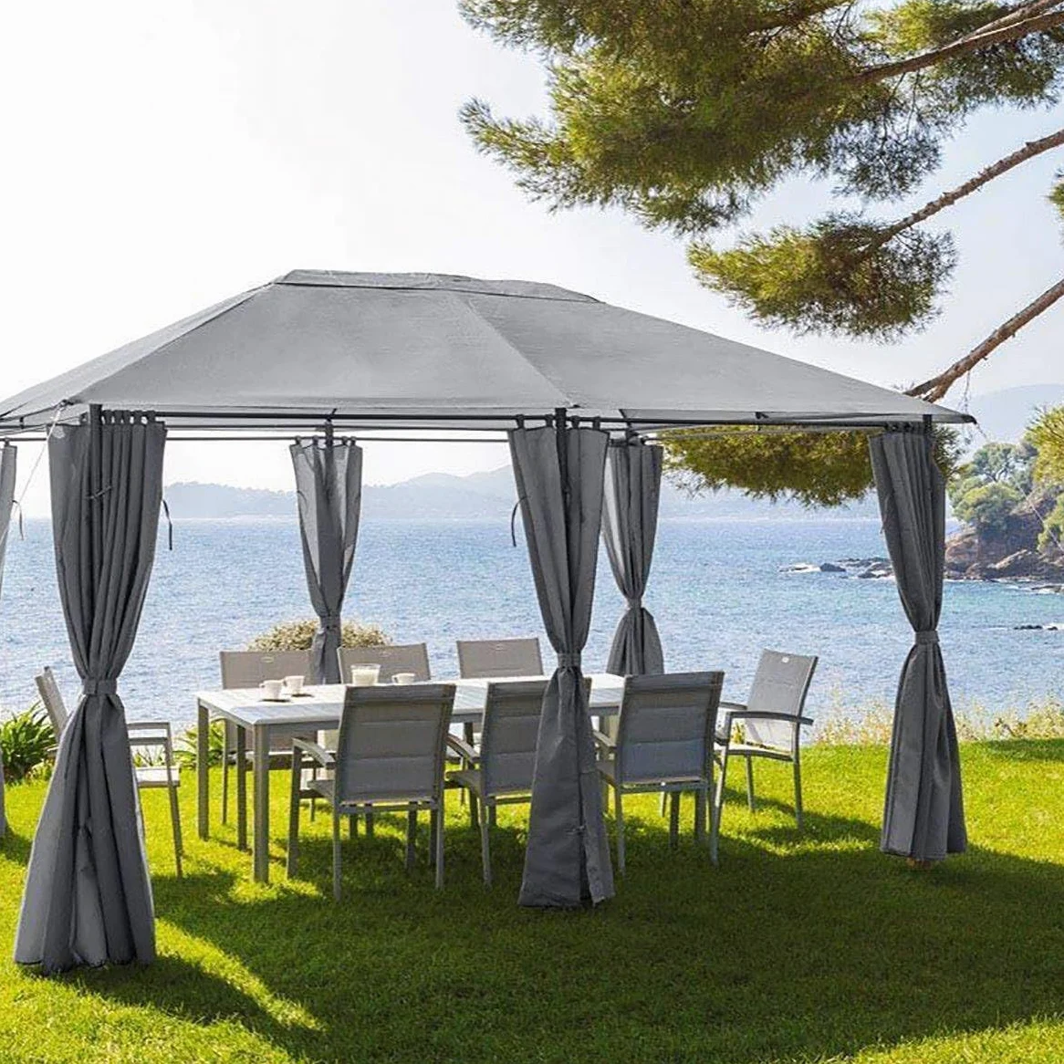 Hespéride - 6 Toiles de Tonnelle Santorini Ardoise 4x3 m, Pas de Structure, Rideaux Uniquement - pour Jardin, Terrasse, Barnum