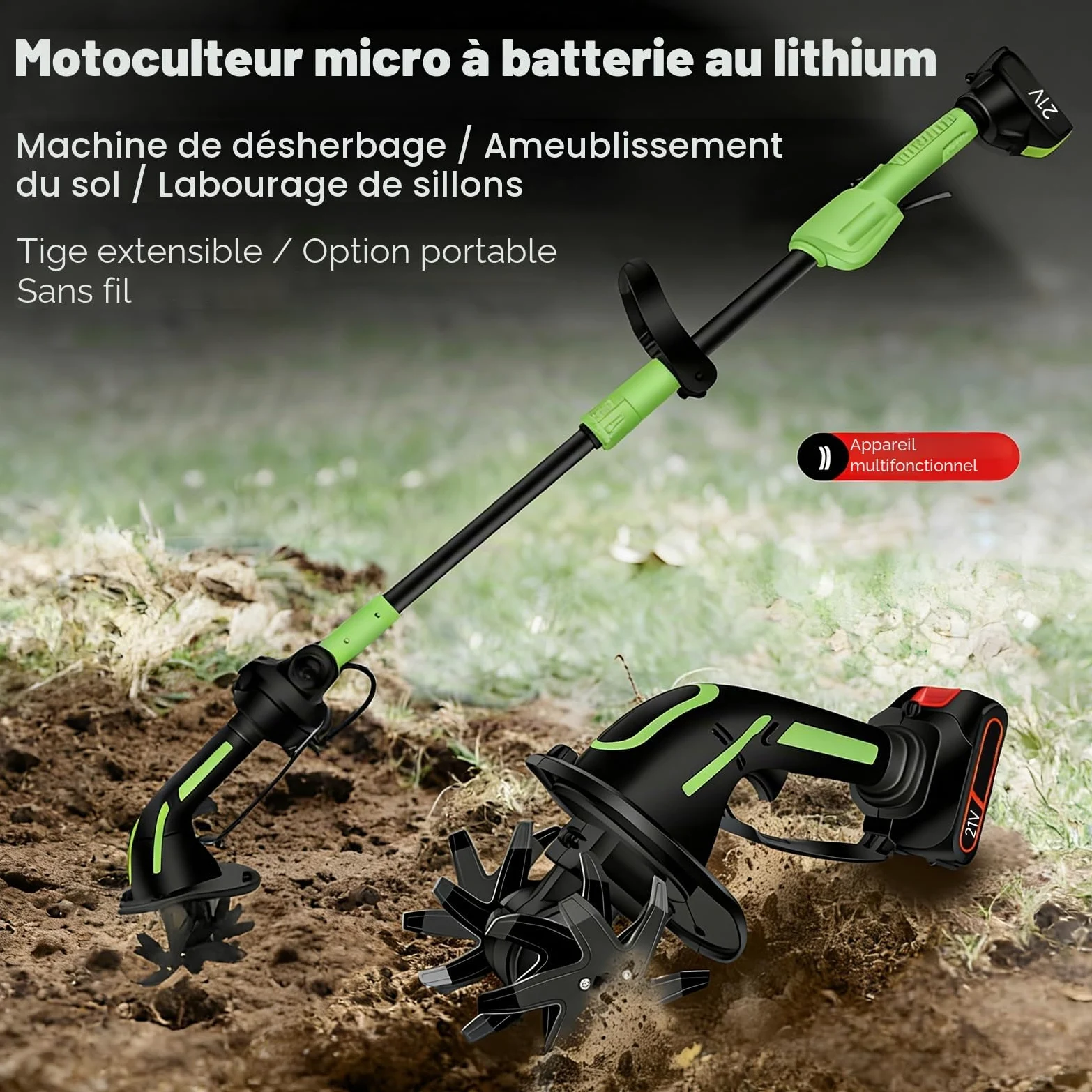 Motobineuse Electrique 650 W, Mini Motobineuse avec Batterie 3000 mAh, Tige de 1,3 m,Largeur de Travail 10 cm, Profondeur de Travail 10 cm pour Ameublir Terre Jardin et Verger (2 Batteries)