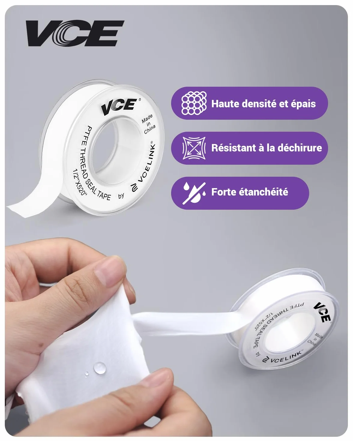 VCELINK Ruban d'Étanchéité PTFE 12mm x 13m Lot de 6 Rouleaux Blanc
