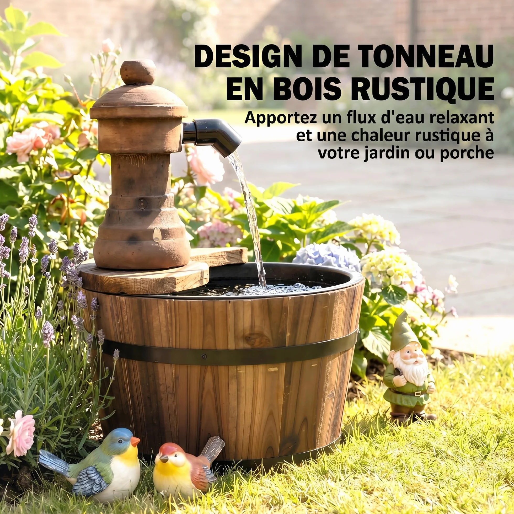 Outsunny Fontaine de Jardin Tonneau Pompe à Eau Submersible Ø 27 x 37H cm Bois de Pin Marron