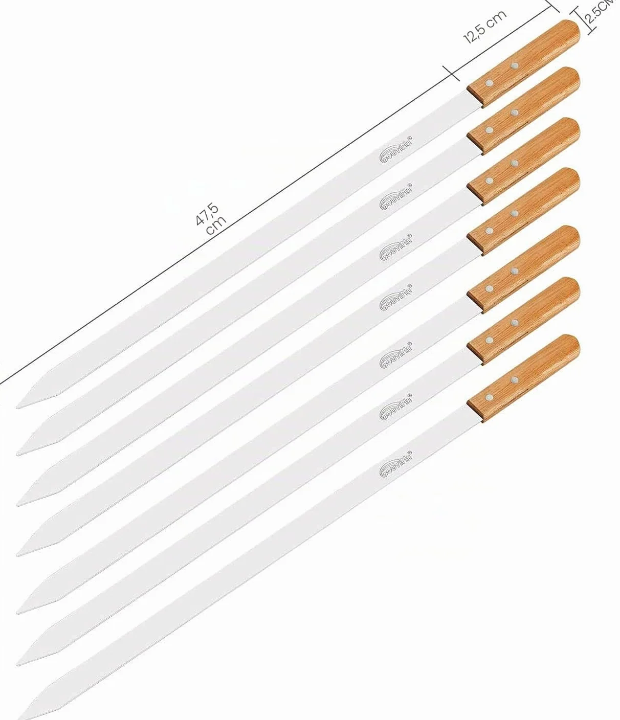 Goutime brochettes pour barbecue,Brochettes extra longues de 60cm en acier inoxydable avec Poignée en chêne massif,ensemble de 7
