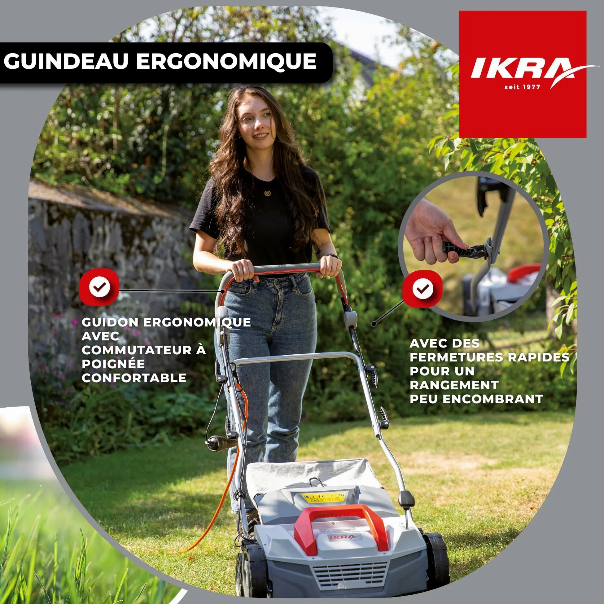 IKRA scarificateur-aérateur électrique IEVL 1838, largeur 38 cm, 1 800 W | Bac de ramassage de 40 l, profondeur de travail de +5 à –12 mm, changement de rouleau sans outil, appareil 2 en 1
