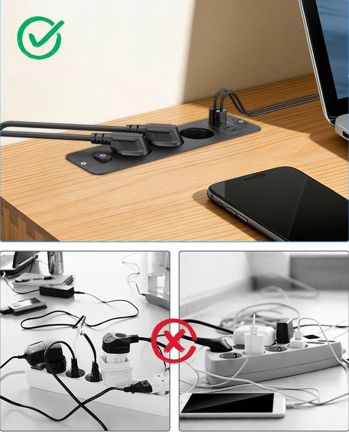 Prise encastrée USB 4 ports USB C PD 20W escamotable pour bureau armoire noir