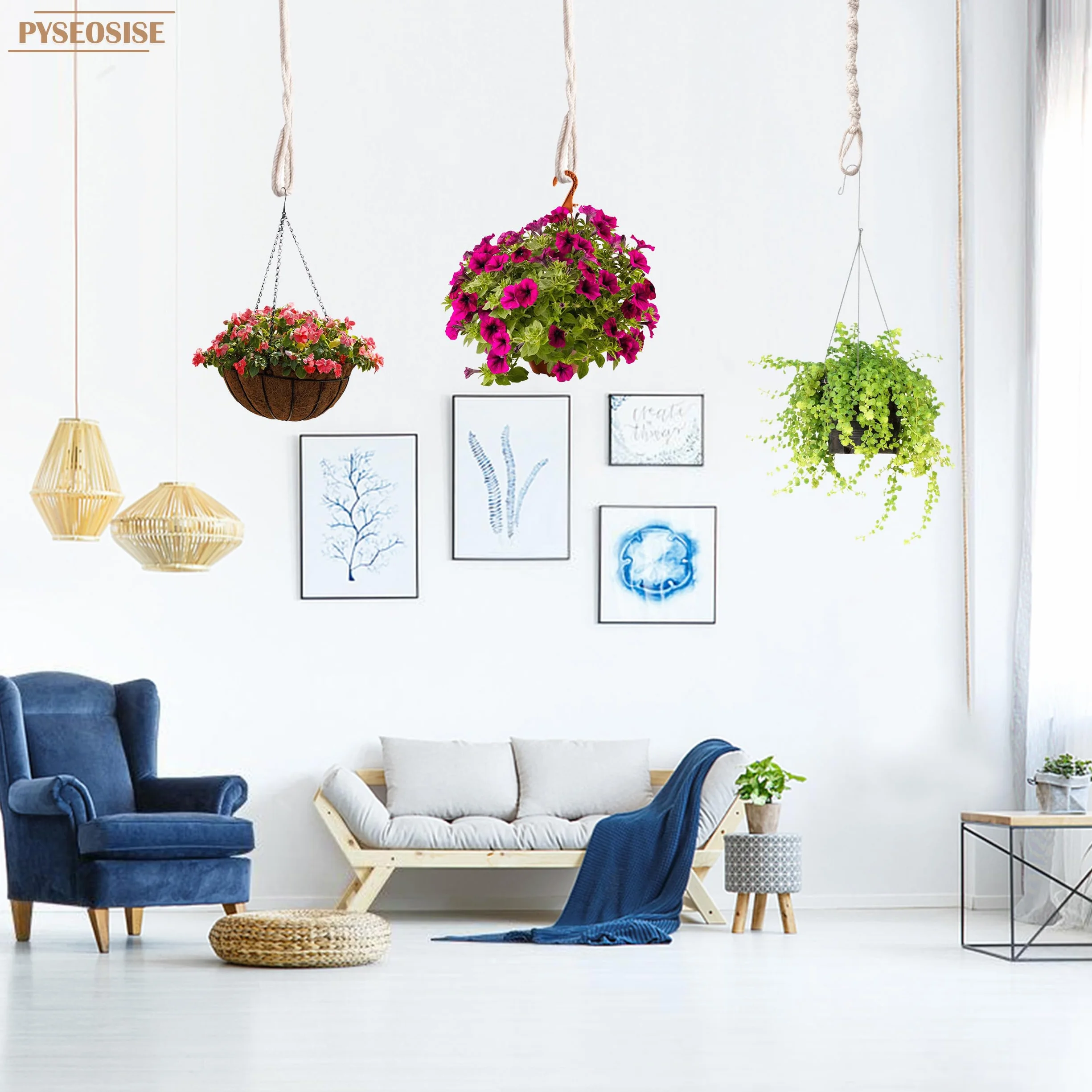 Rallonges de Suspension Plante, 6 Pièces Support de Plantes Macramé, Suspension Pot de Fleurs en Corde de Coton Beige Style Bohème avec Crochets pour Extérieur Jardin et Balcon