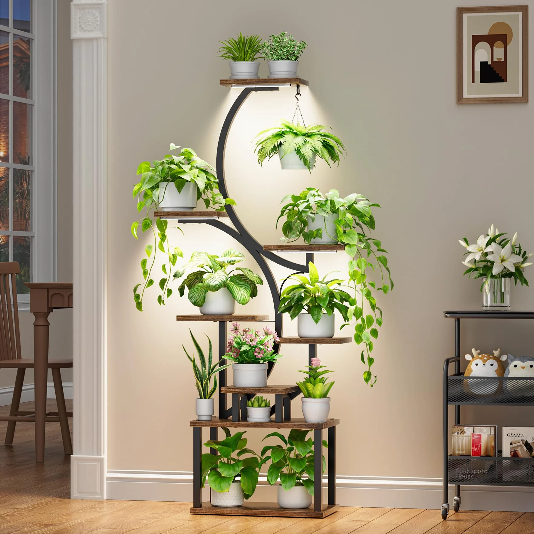 BACEKOLL Support pour plantes d'intérieur avec lampes de croissance, étagère 8 niveaux 157,5 cm métal forme S