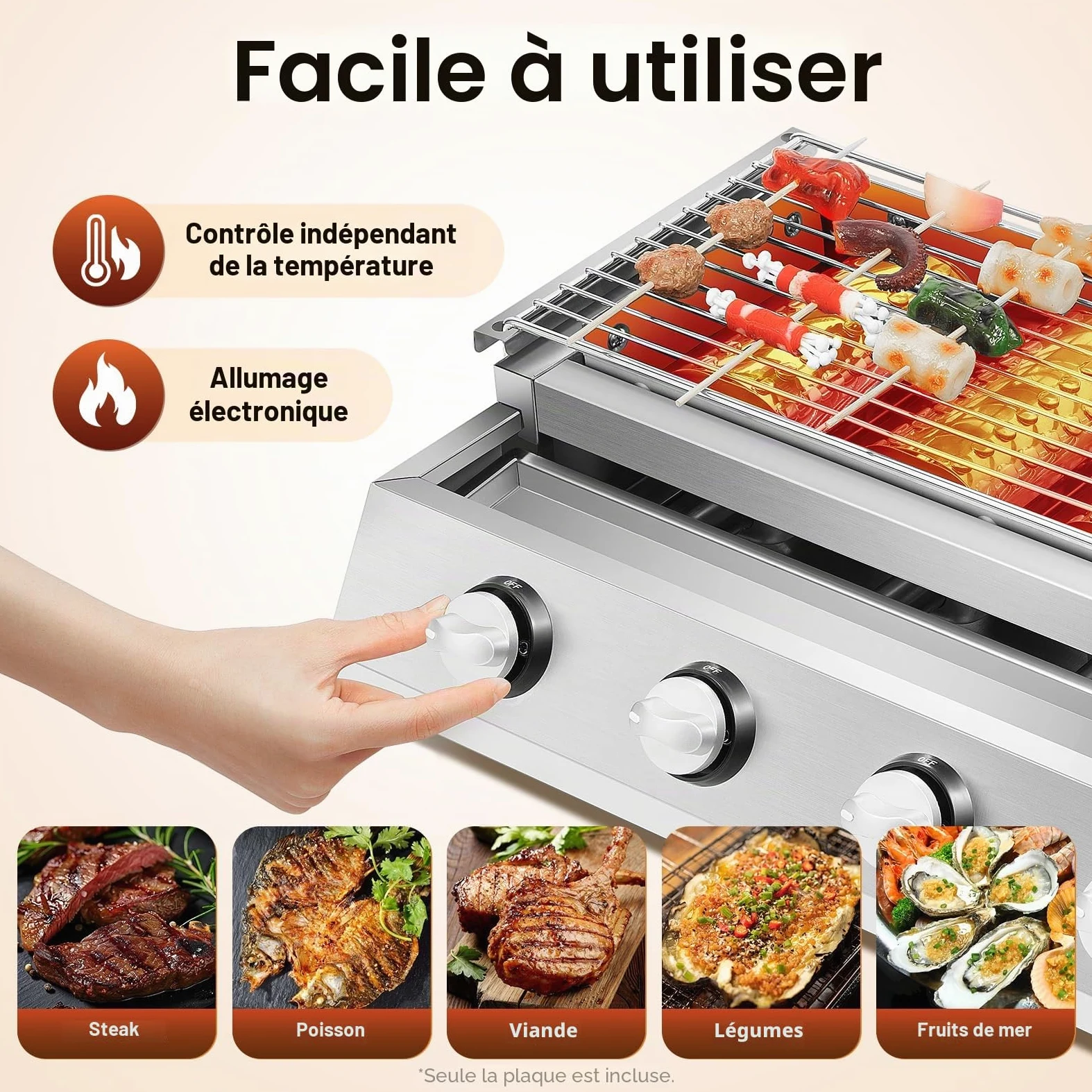 Barbecue à gaz en acier inoxydable - 4 brûleurs - Barbecue de table - Barbecue à gaz GPL - Barbecue amovible - Pour camping, balcon, jardin - Argenté