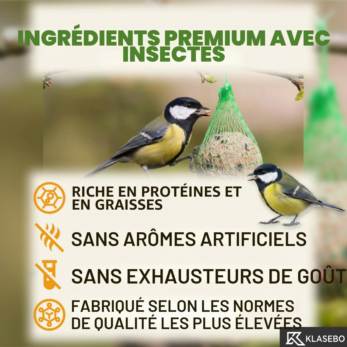 KLASEBO Boules de Graisse Oiseaux avec Insectes 200 x 90 g Filet