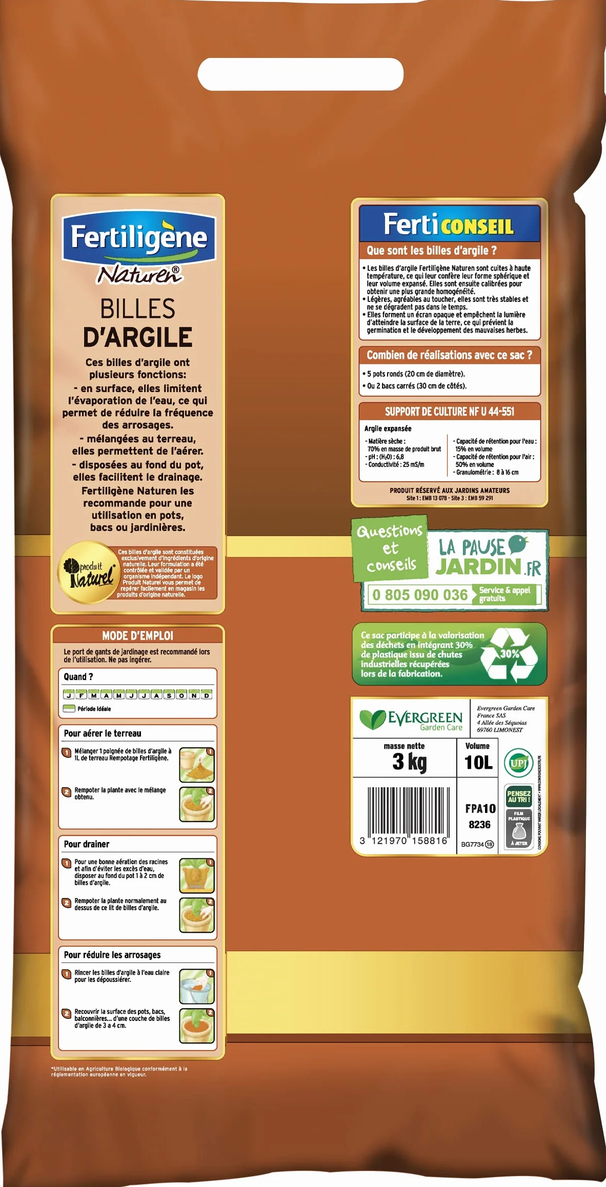 Fertiligène NATUREN FBIL6P - Billes d'argile UAB 6 L - Aère et Draine Le terreau - Couvre en Surface pour réduire Les arrosages - Limiter Les Mauvaises Herbes - Produit Naturel et fabriqué en France