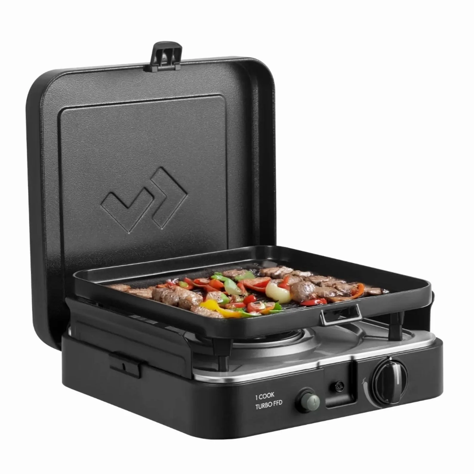 CADAC - 1 Cook Turbo FFD Flat Plate - barbecue - Barbecues portables - Surface de cuisson en acier inoxydable - Incl. Housse de protection - Camping - Les incontournables du barbecue - Noir