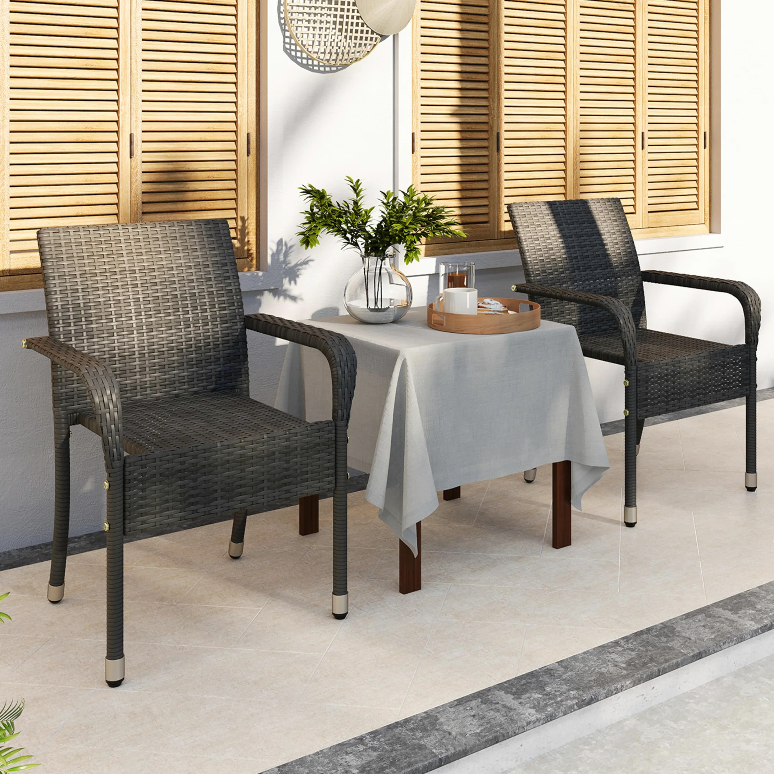 Abician Lot de 6 Chaises de Jardin en Rotin Synthétique Fauteuils Empilables d'Extérieur avec Accoudoirs Cadre en Métal Terrasse Véranda Balcon Salon Salle à Manger Gris