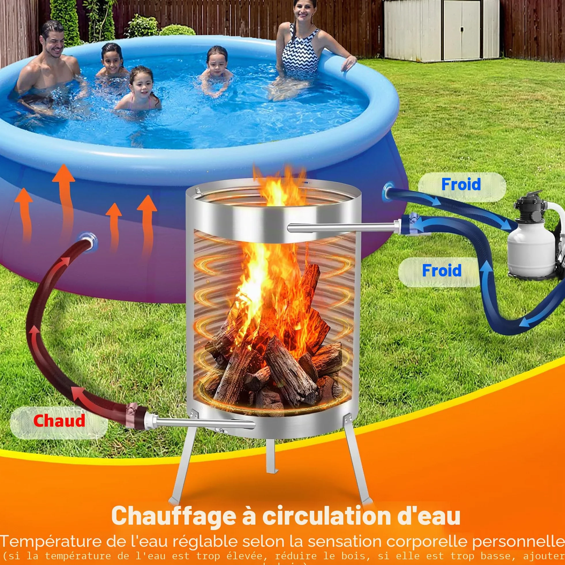 Brasero de piscine en acier inoxydable Ø 32/38 mm avec spirale chauffante et tapis ignifuge