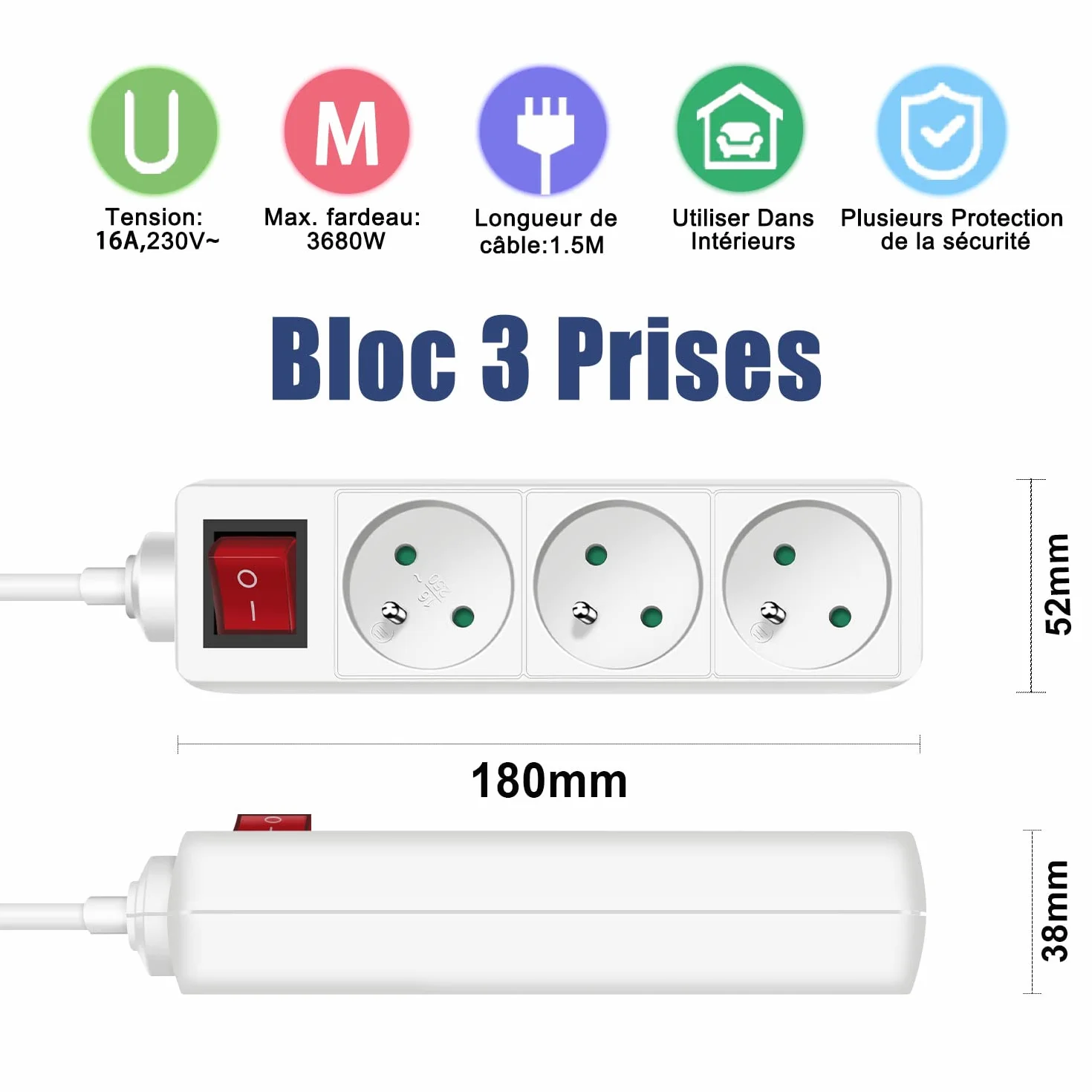 Extrastar Bloc 3 Prises avec Interrupteur Rallonge 1.5m 230 V Sécurité Enfant Blanc