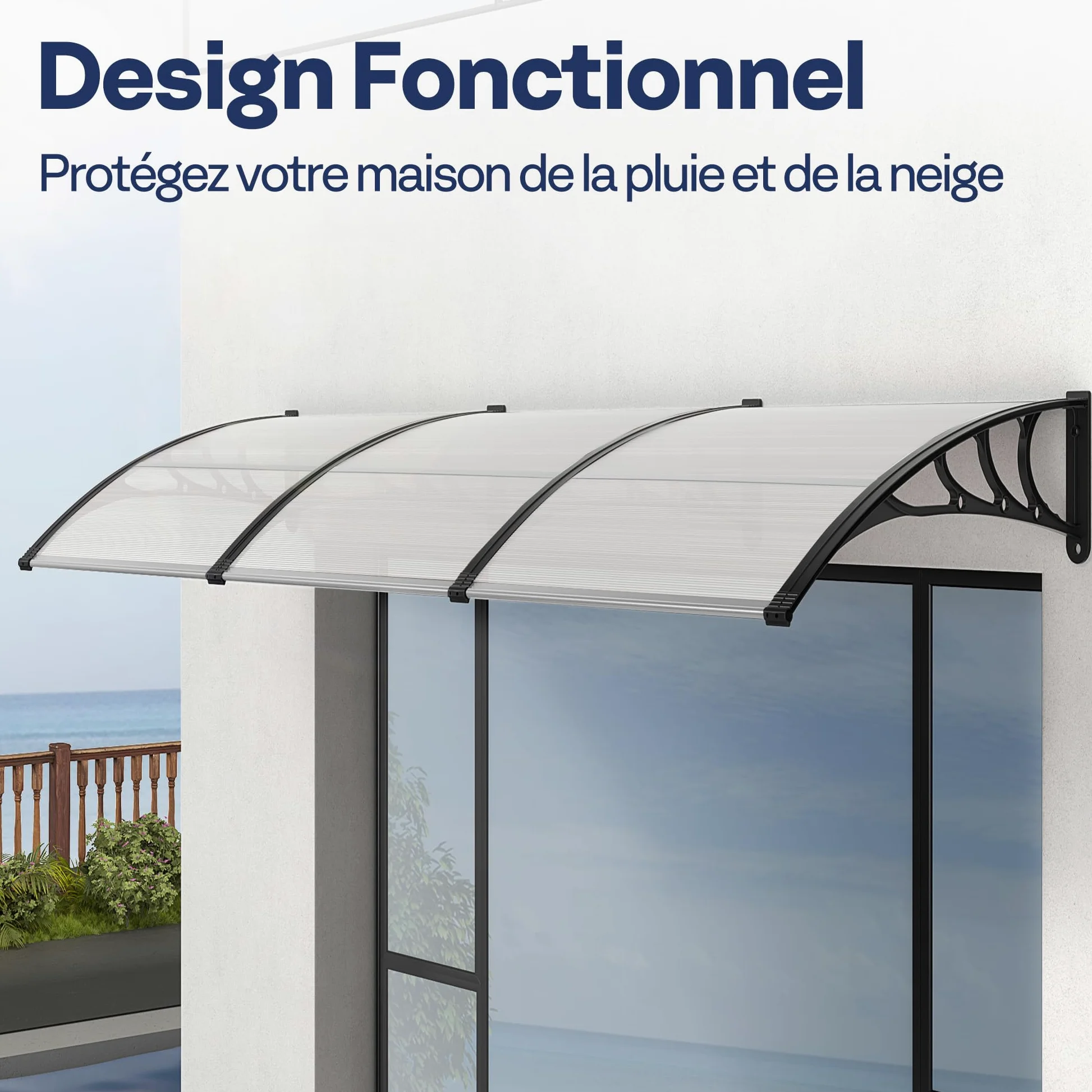 VIVOHOME Auvent de Porte et fenêtres 300x100cm Marquise de Porte Exterieur en Polycarbonate Transparent auvent en Arc pentu Protection Contre Pluie et UV pour Terrasse Balcon Patio