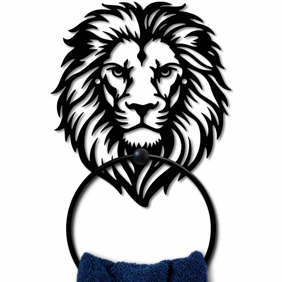 MAYJOYDIY Anneau Porte Serviette en Métal Tête de Lion Noir Motif Animaux Forêt Accessoires Salle de Bain