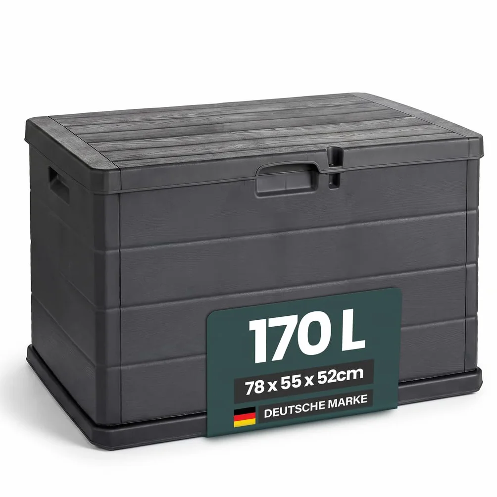 Kreher® XL Coffre de rangement/Boîte de jardin 170 L ou 340 L de volume utile avec un aspect bois moderne en anthracite! Robuste, lavable et facile à assembler ! (170 L)