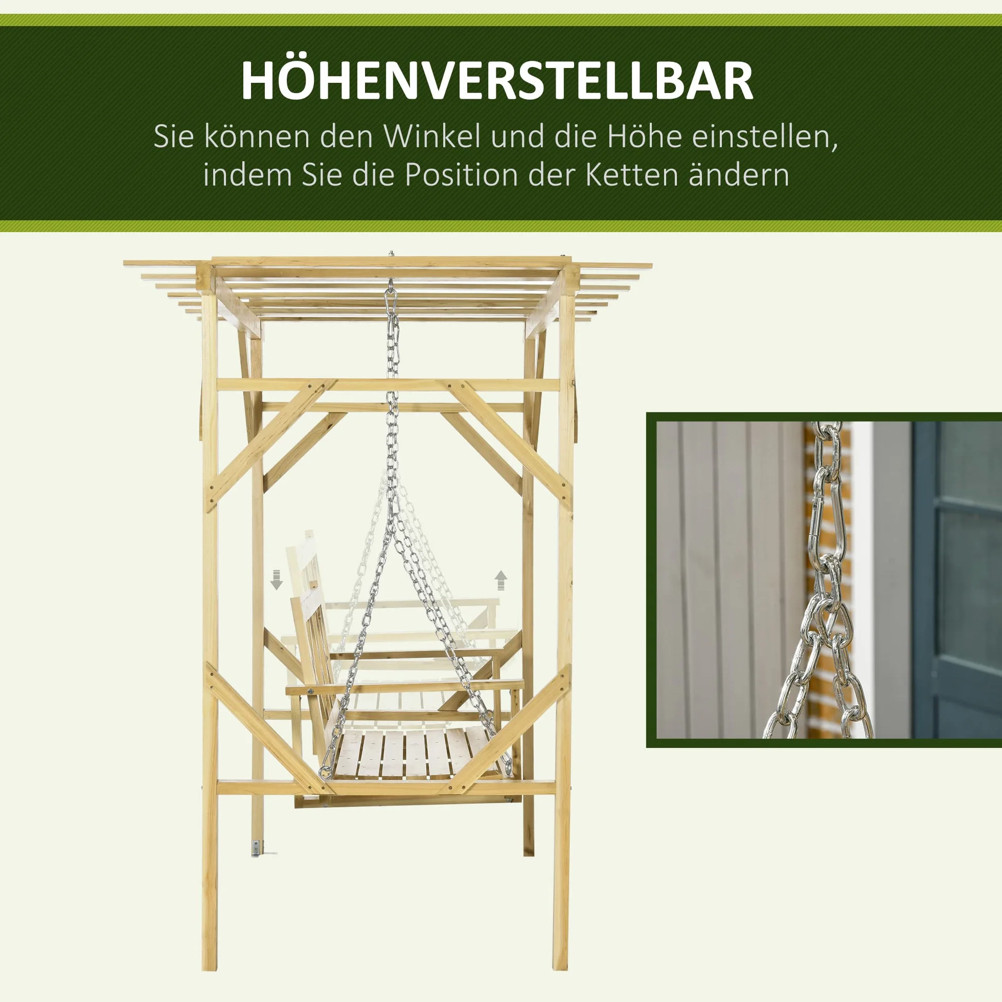 Balançoire Hollywoodienne Outsunny avec Pergola, Banc 2 Places, Bois Massif, 221x140x196 cm