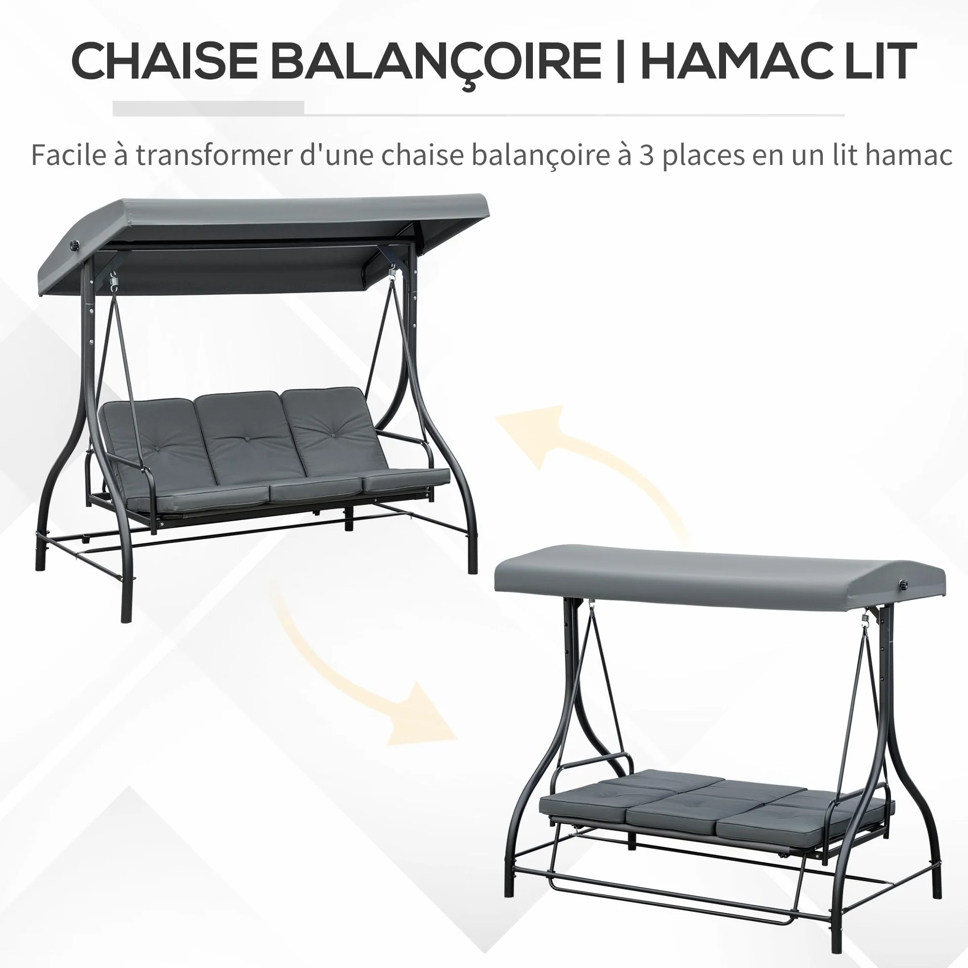 Outsunny Balancelle de Jardin 3 Places Convertible Toit réglable Matelas 7 cm Gris métal époxy Noir