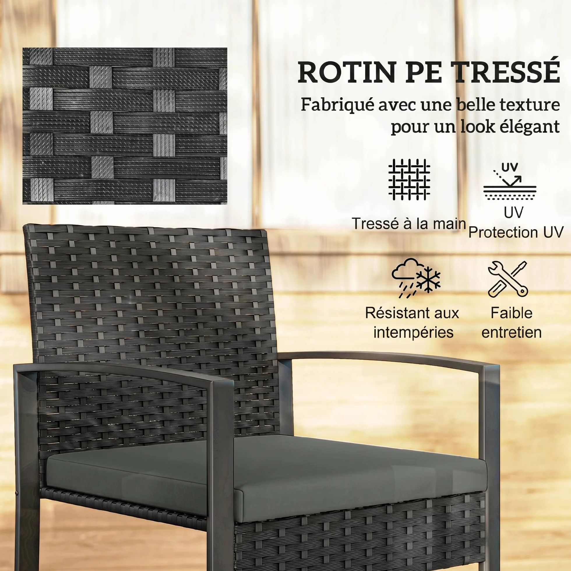 Outsunny Salon de Jardin 2 Personnes Table avec Chaises Résine Tressée Verre Trempé Coussins Noir