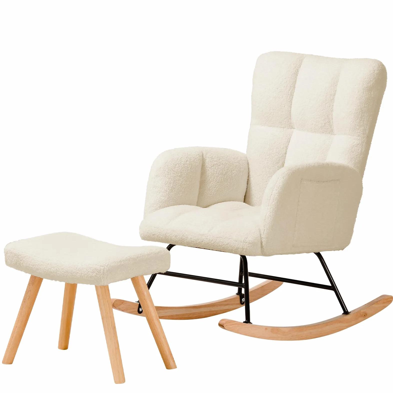 COMHOMA Fauteuil à Bascule, Fauteuil de Relaxation, avec accoudoirs, en Peluche Peluche, Charge maximale : 150 kg, Chaise Longue de Jardin pour Chambre, Beige avec Repose-Pieds