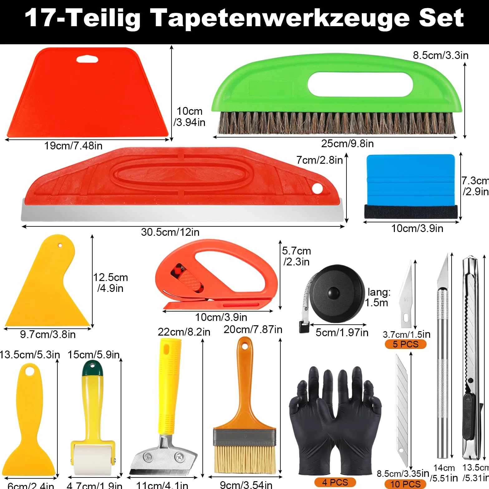 Kit d'Outils de Papier Peint, Lot de 17 Pièces avec Raclette, Brosse, Rouleau de Couture et Outil de Coupe